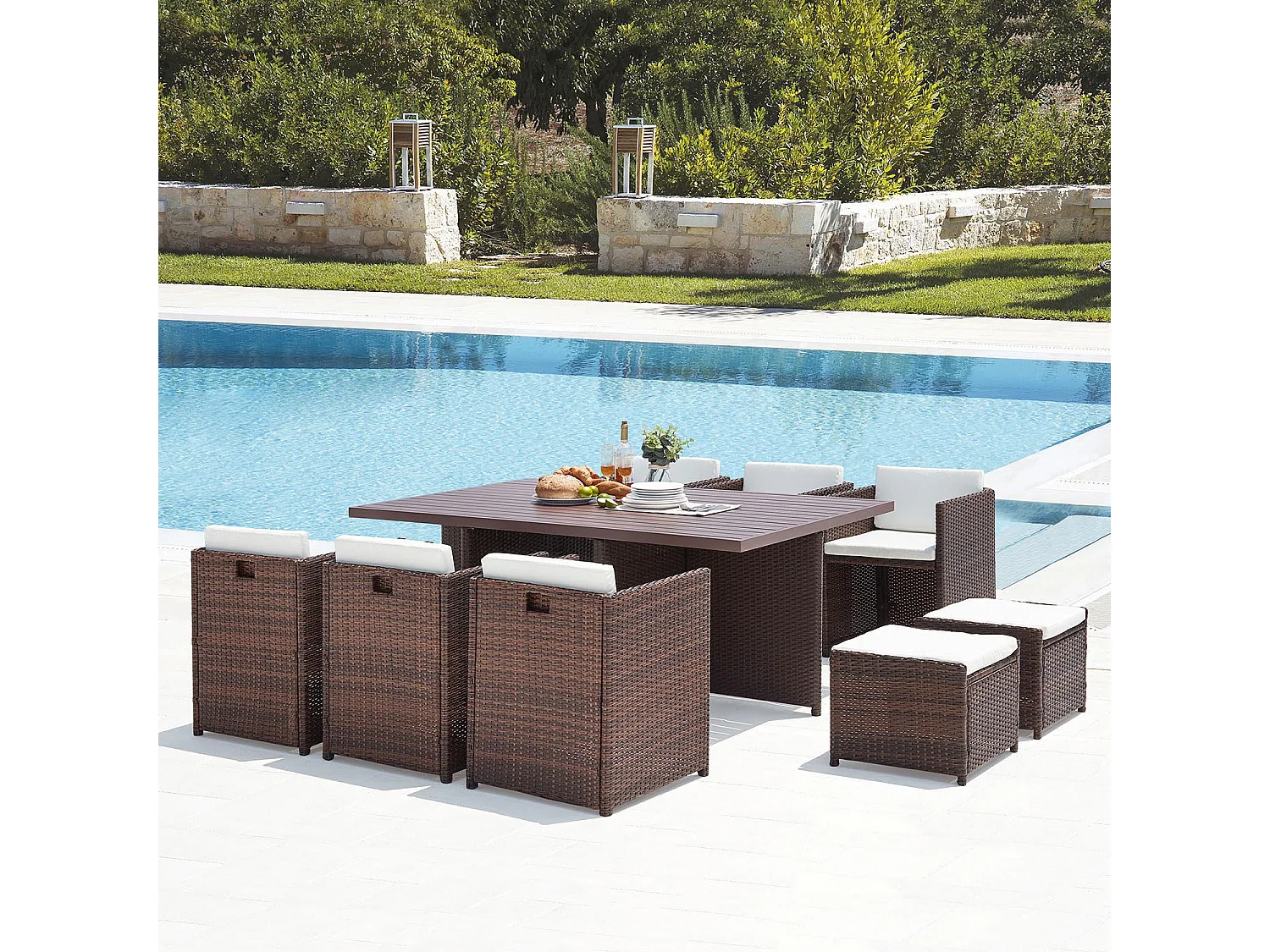 Table et chaise 10 places encastrables alu résine marron-blanc SUNSET