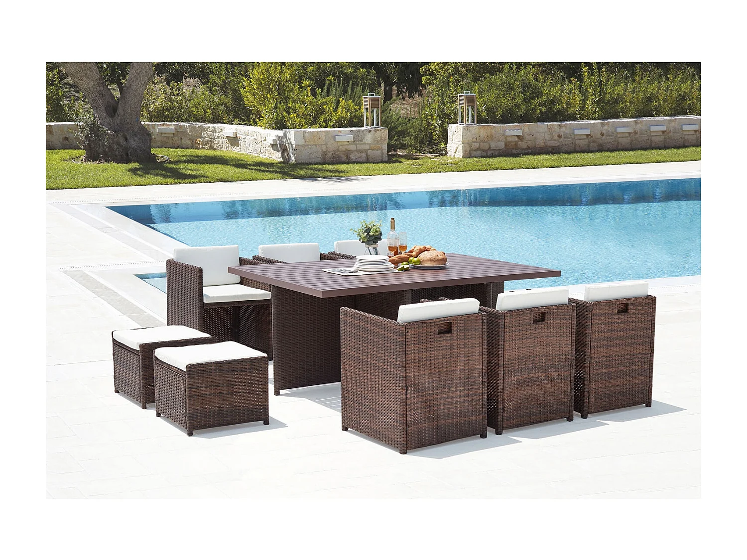 Table et chaise 10 places encastrables alu résine marron-blanc SUNSET