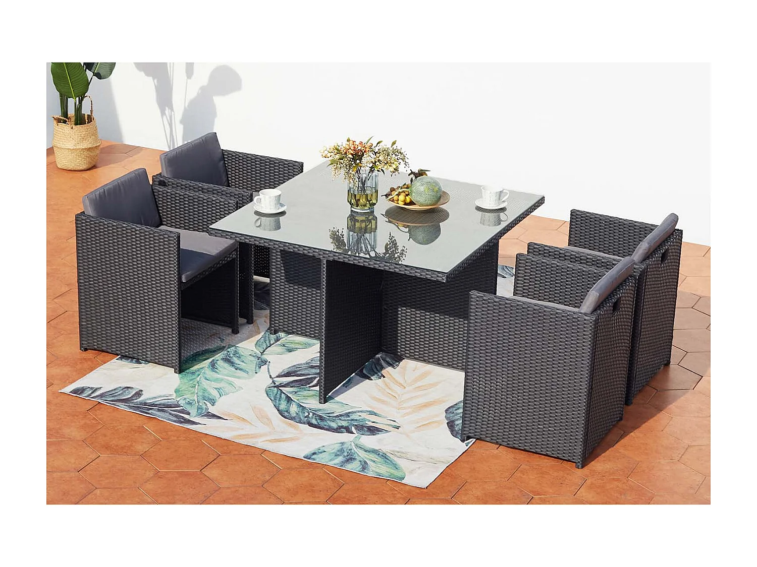 Salotto da giardino a incasso 4 posti resina intrecciata nero/grigio MIAMI