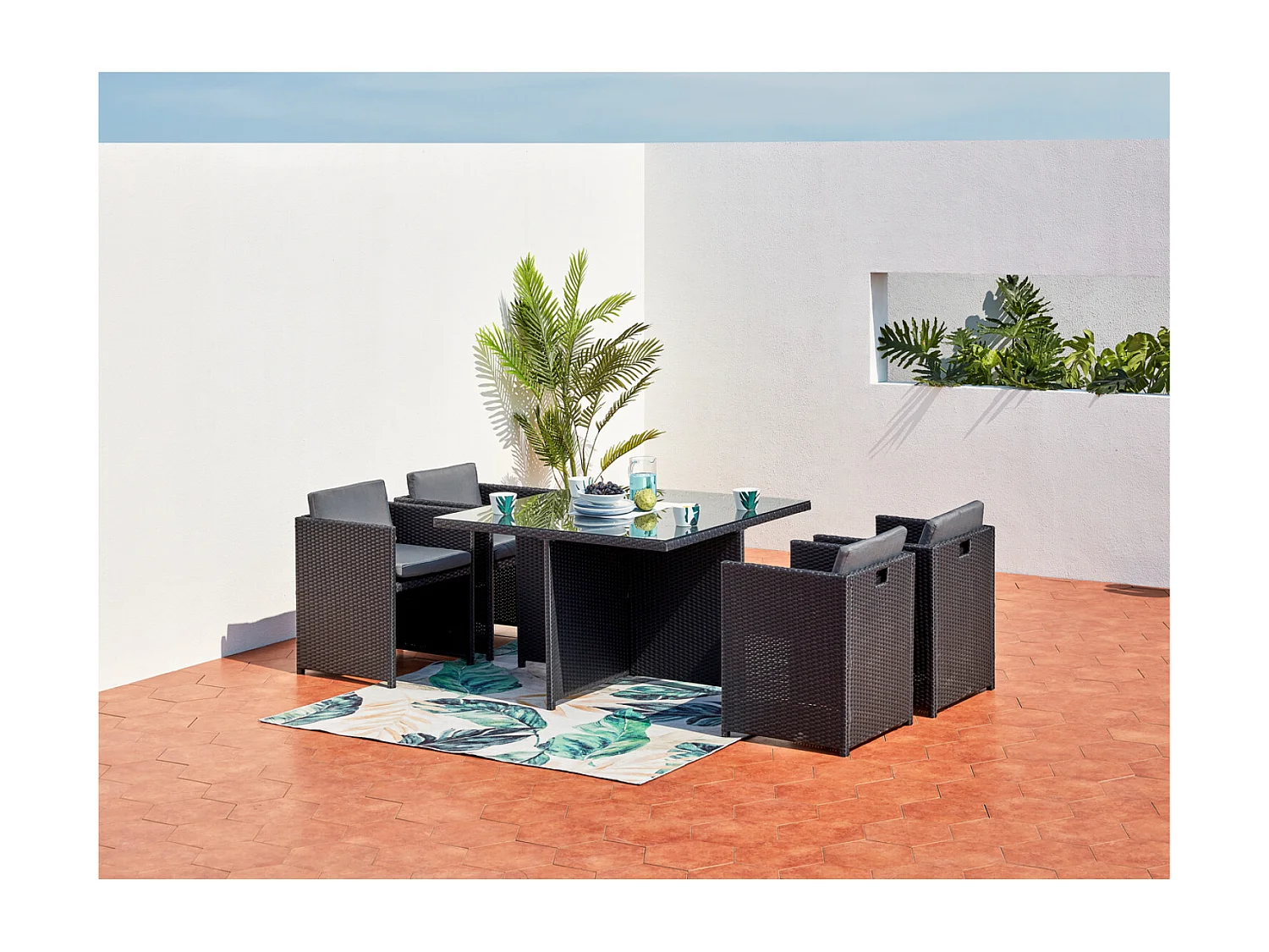Salotto da giardino a incasso 4 posti resina intrecciata nero/grigio MIAMI
