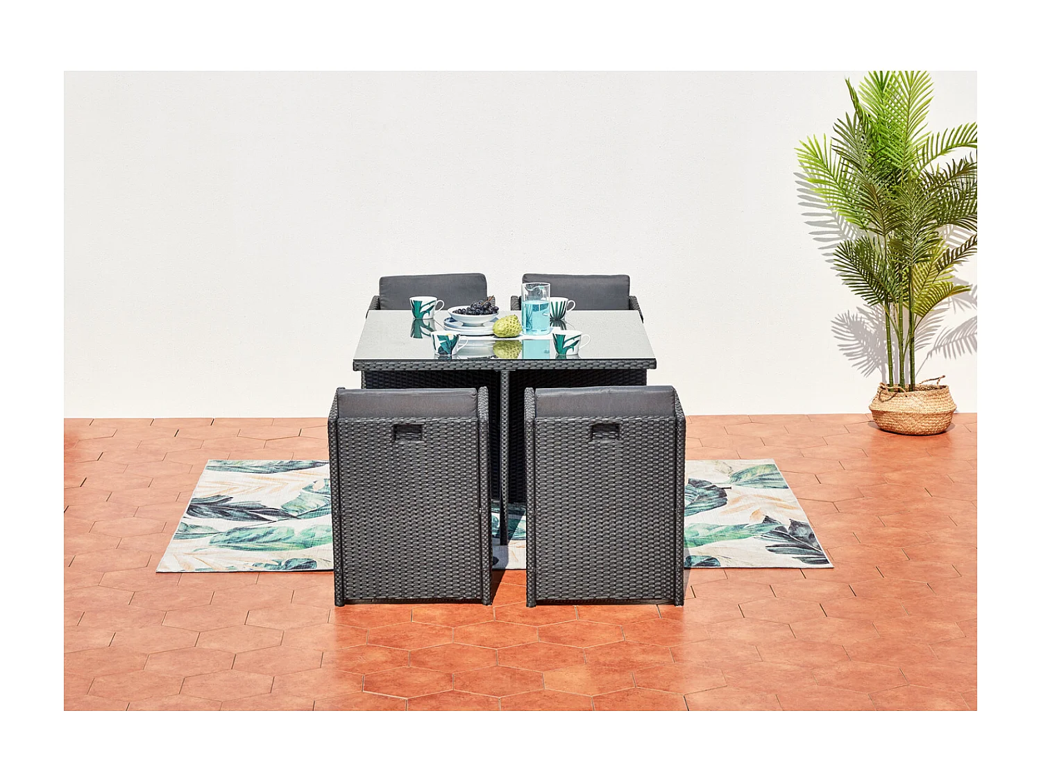 Salotto da giardino a incasso 4 posti resina intrecciata nero/grigio MIAMI