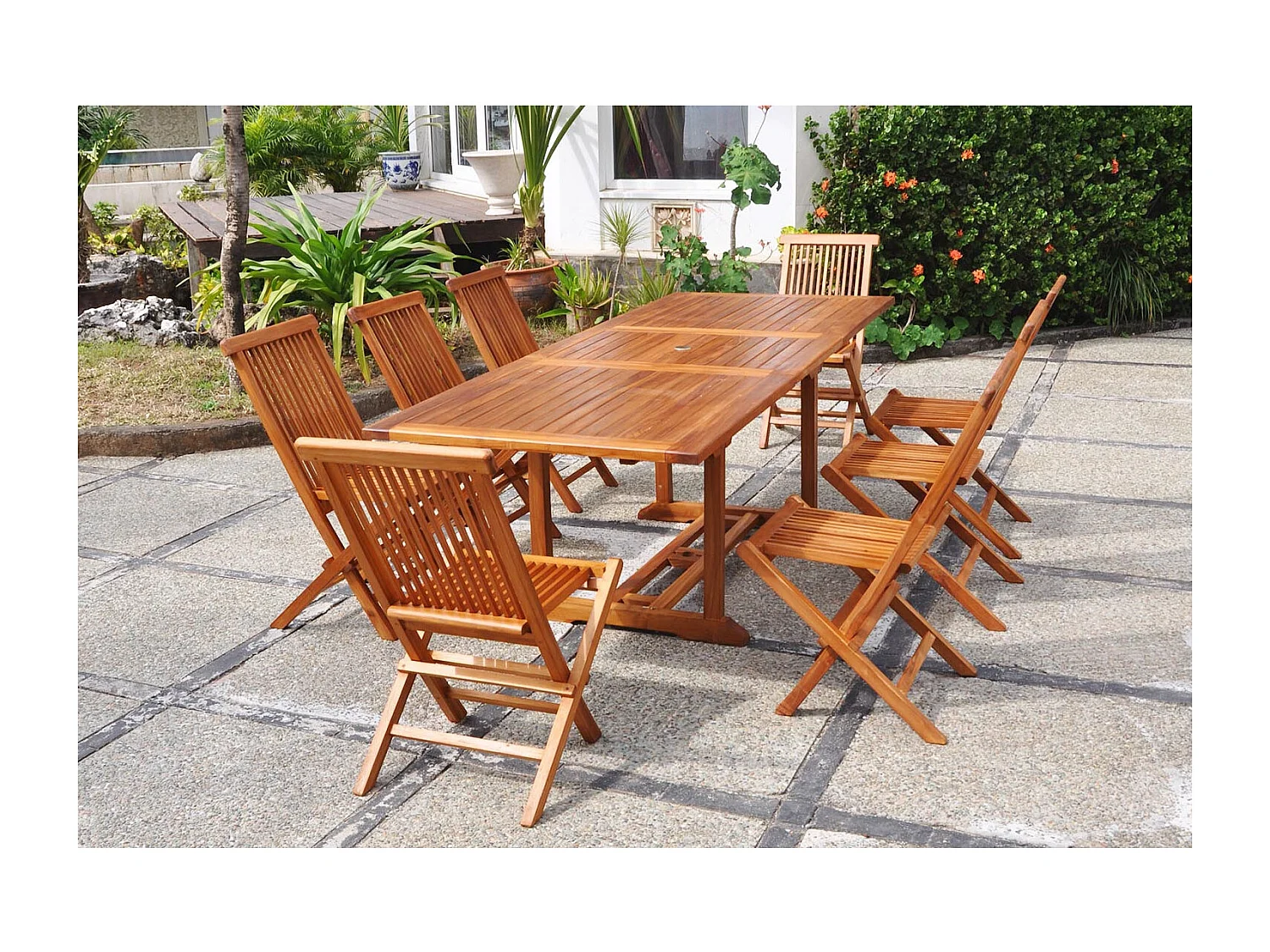 Salon de jardin Teck huilé 8 personnes - Table rectangle + 8 chaises LUBOK