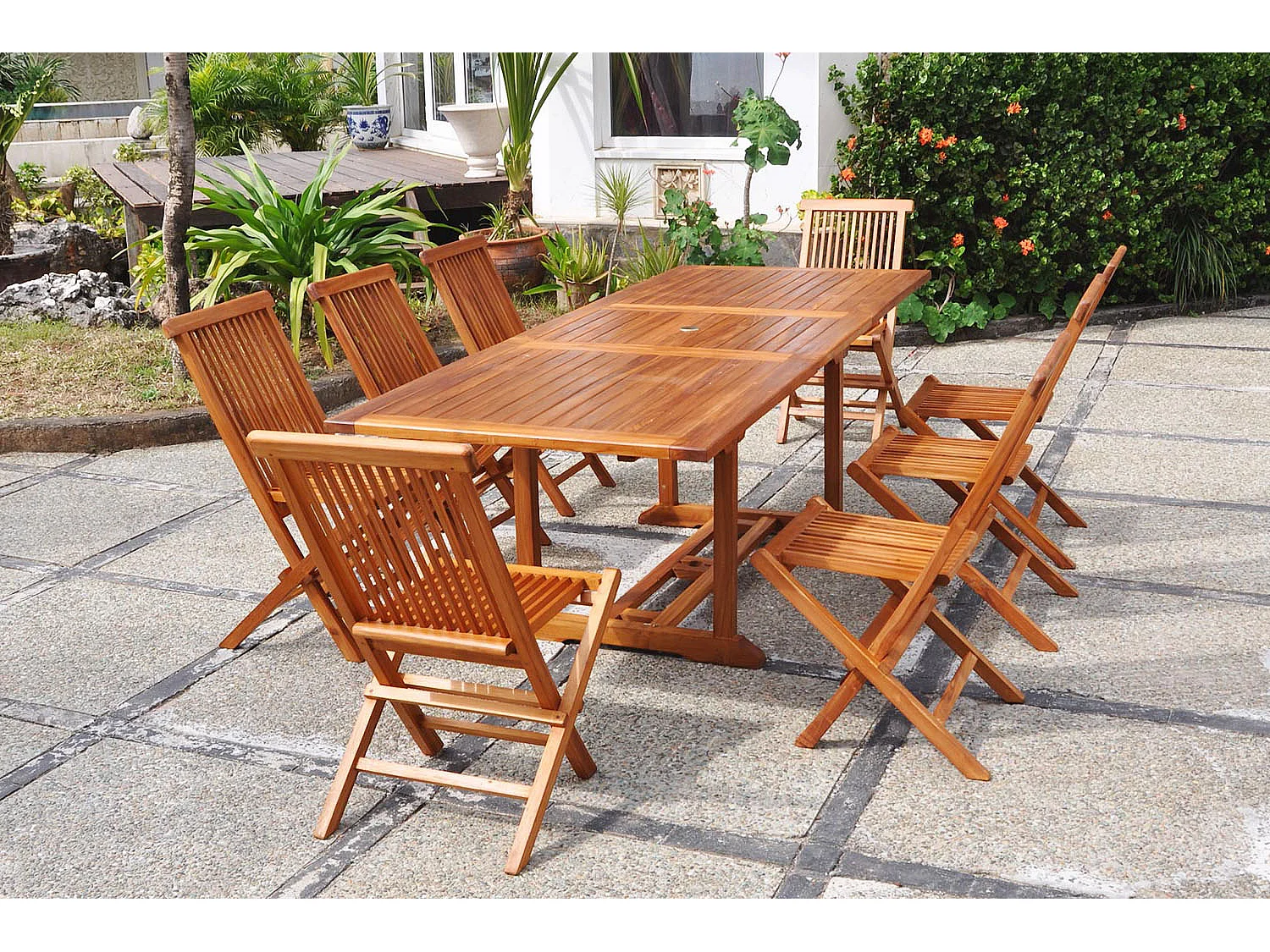 Salon de jardin Teck huilé 8 personnes - Table rectangle + 8 chaises LUBOK