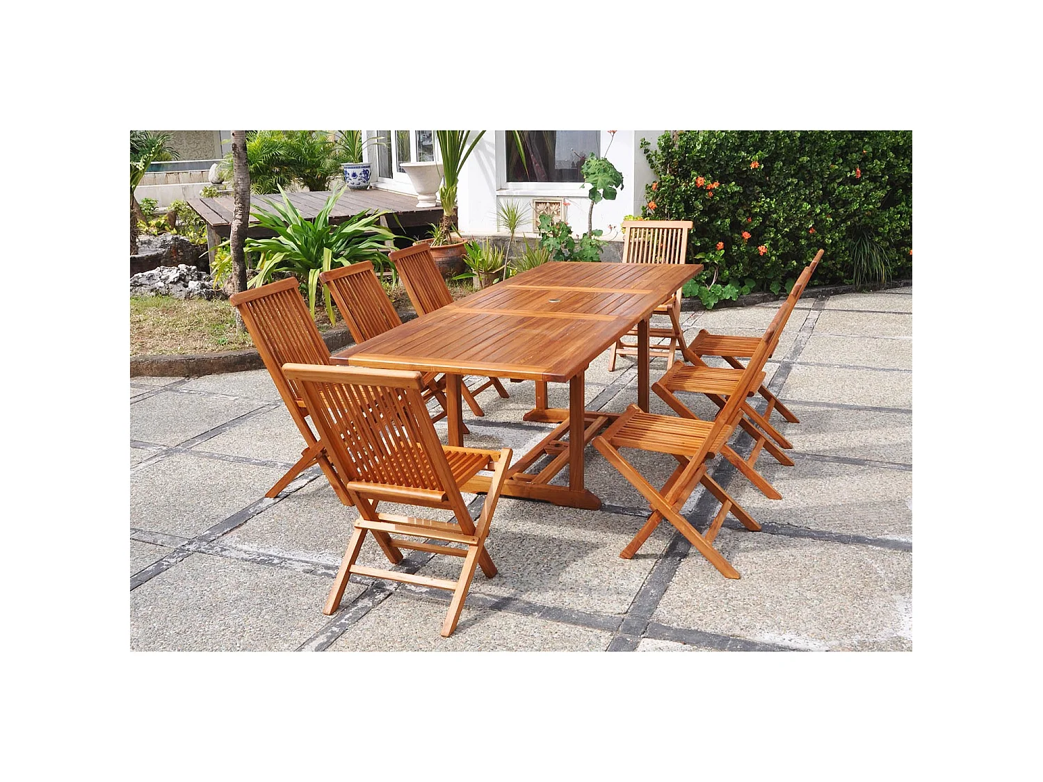 Salon de jardin Teck huilé 8 personnes - Table rectangle + 8 chaises LUBOK