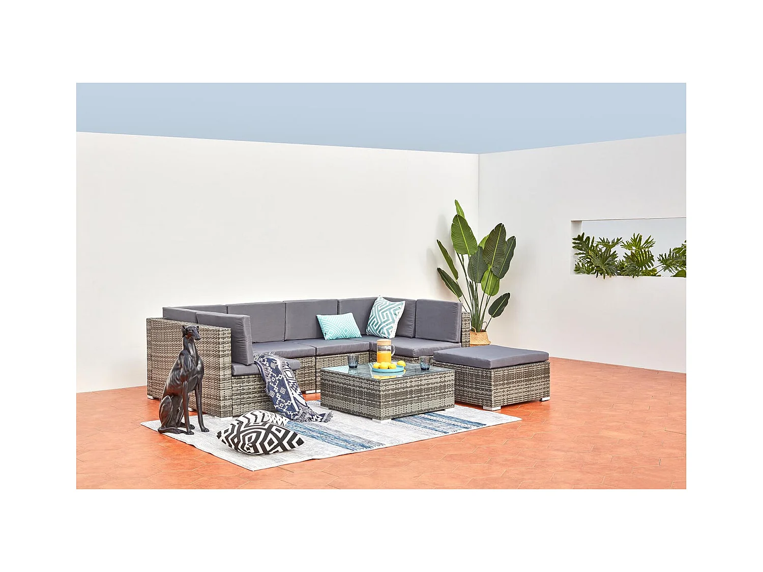 Conjunto de jardim baixo de 8 lugares em resina e aço cinza GUADALO - Moderno, confortável e resistente às intempéries