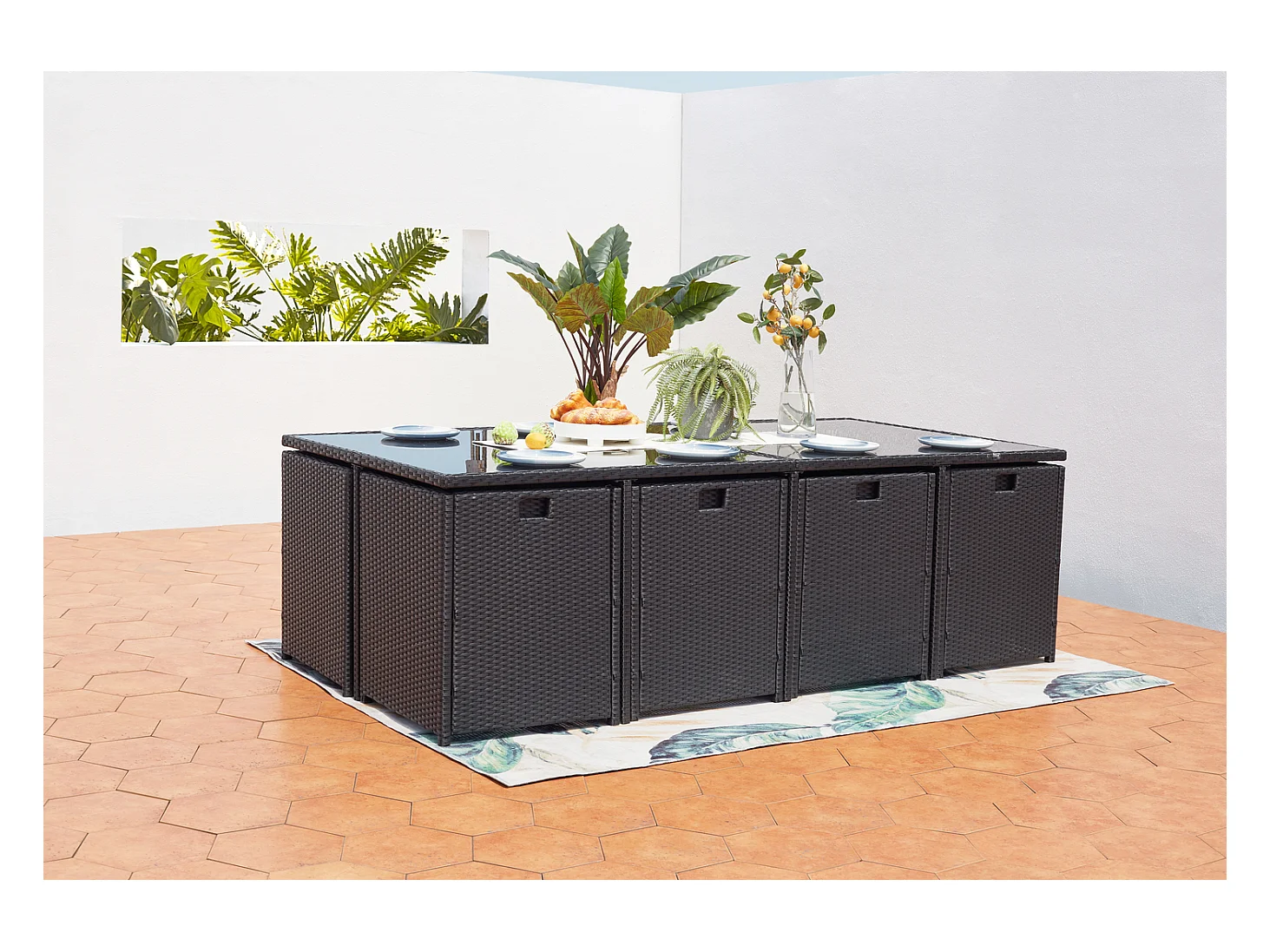 Salotto da giardino a incasso 12 posti resina intrecciata nero/grigio MIAMI