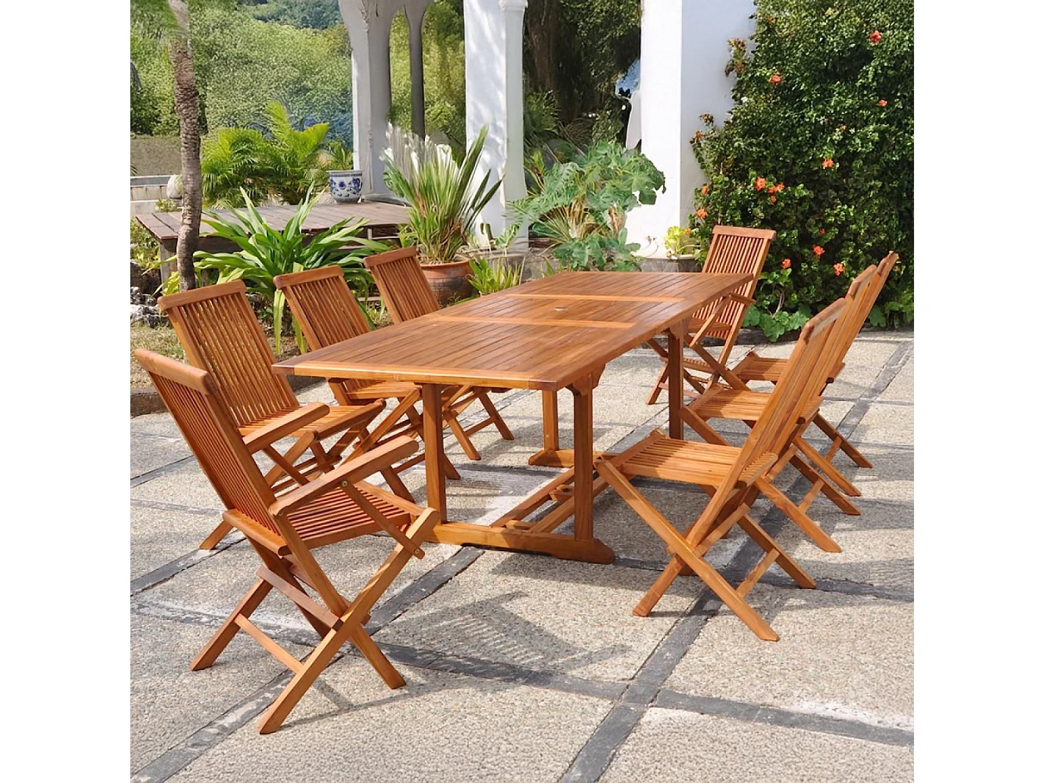 Table rectangulaire 6 chaises et 2 fauteuils en teck huilé LUBOK