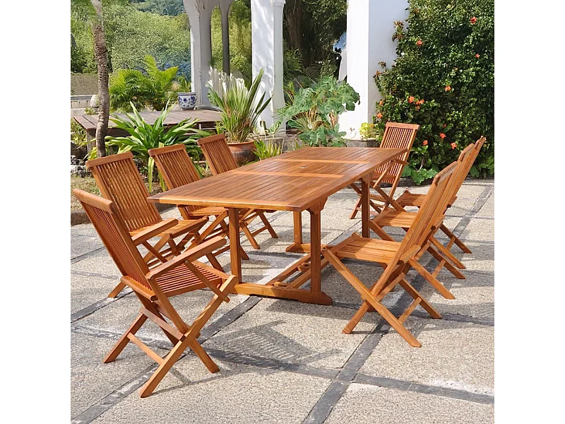 Table rectangulaire 6 chaises et 2 fauteuils en teck huilé LUBOK