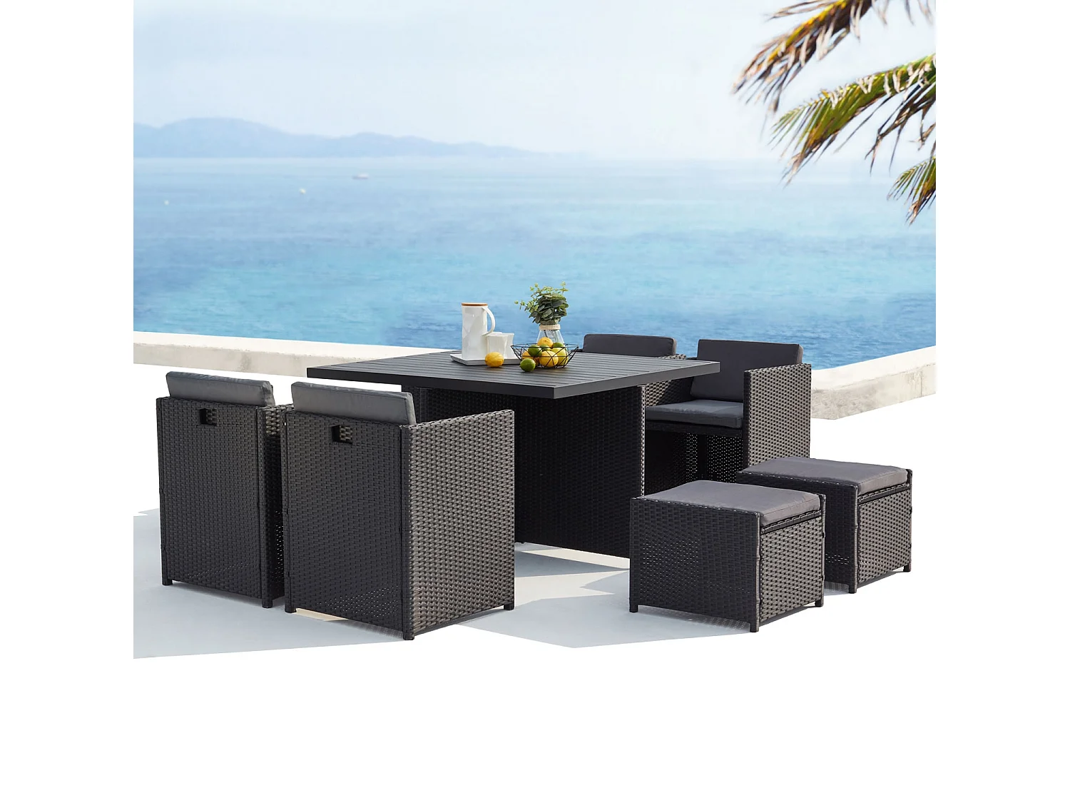 Salotto da giardino a incasso 8 posti resina intrecciata nero/grigio SUNSET