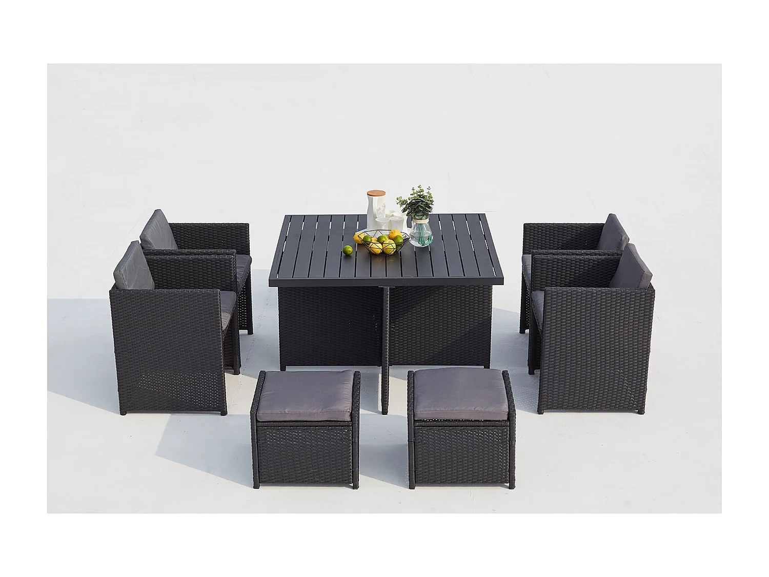Salotto da giardino a incasso 8 posti resina intrecciata nero/grigio SUNSET