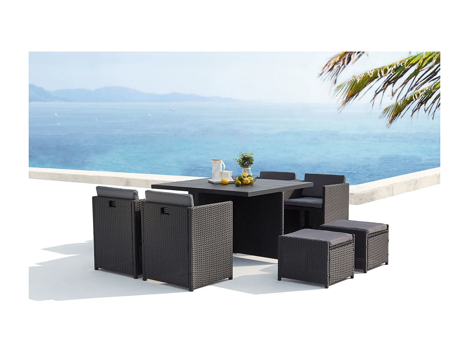 Salotto da giardino a incasso 8 posti resina intrecciata nero/grigio SUNSET