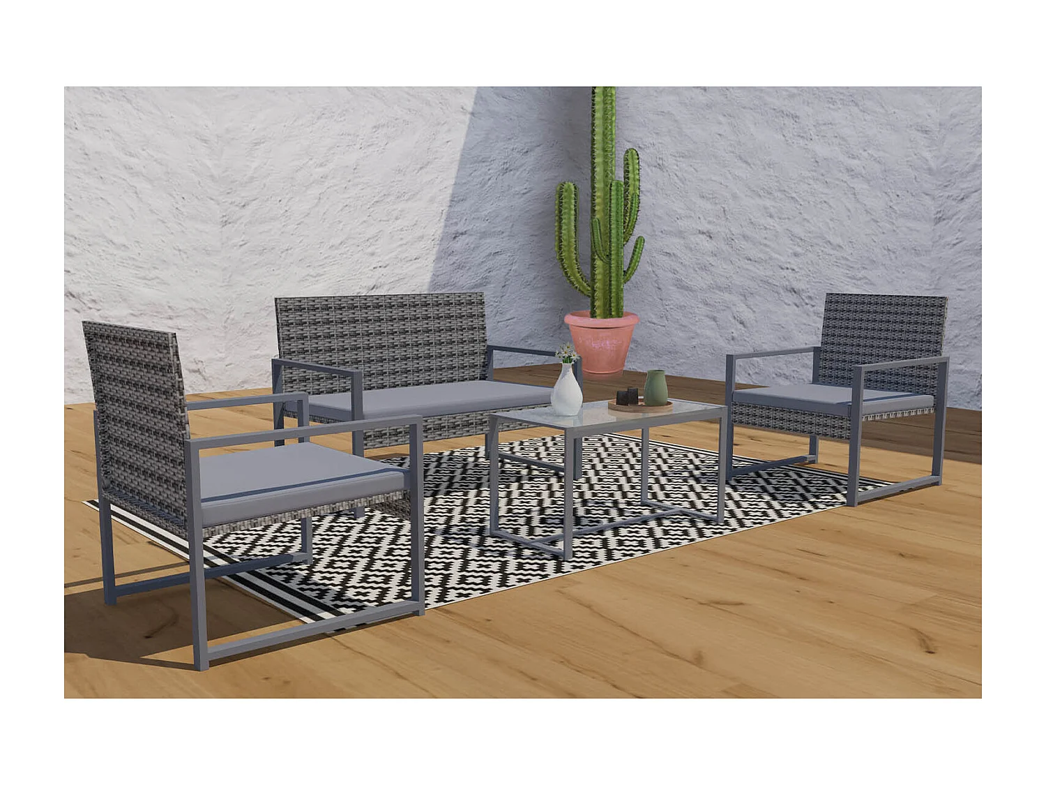 Lage 4-zits tuinset van donkergrijze gevlochten hars ESNA - Trendy design, stevig, comfortabele kussens