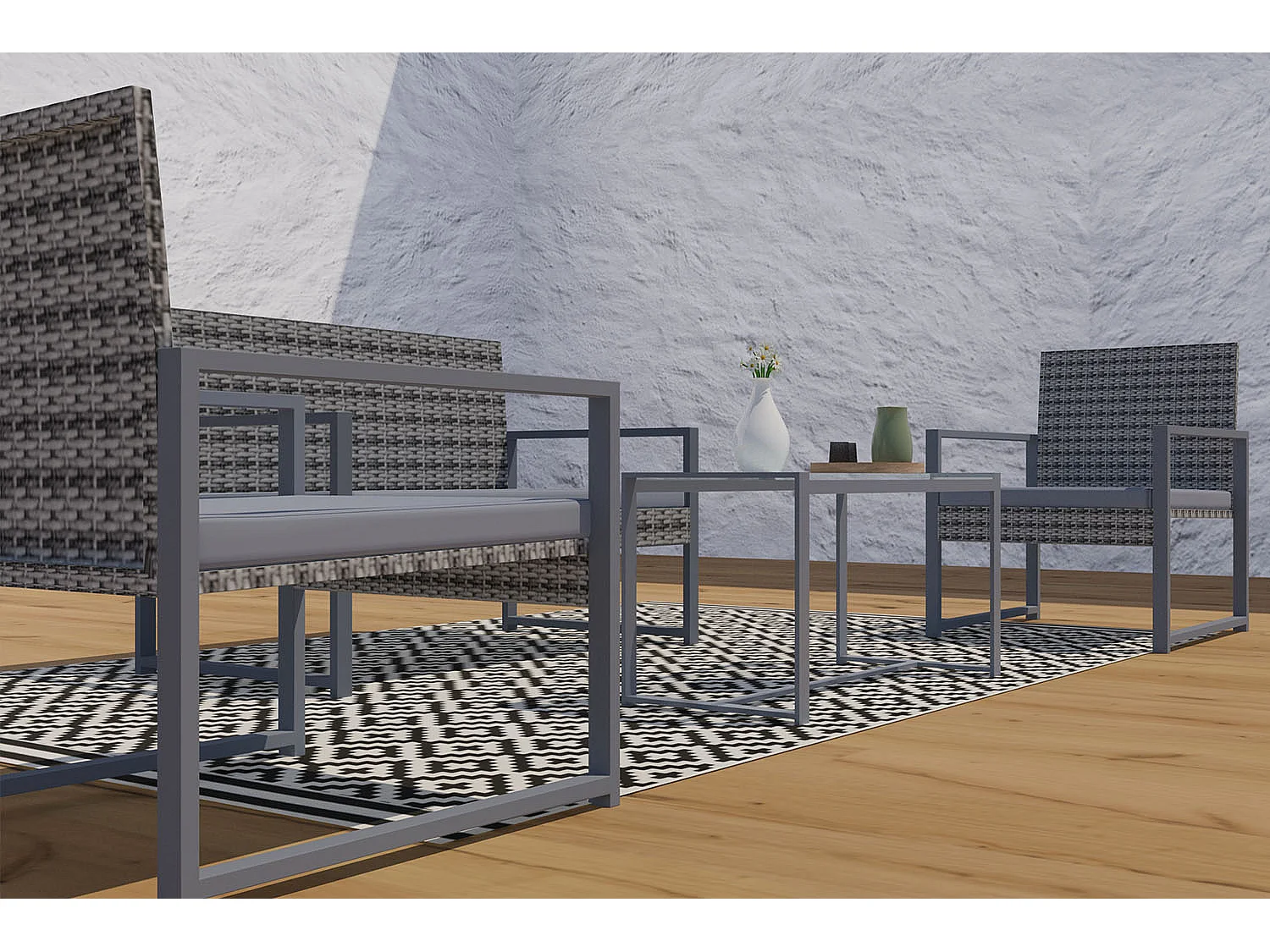 Lage 4-zits tuinset van donkergrijze gevlochten hars ESNA - Trendy design, stevig, comfortabele kussens