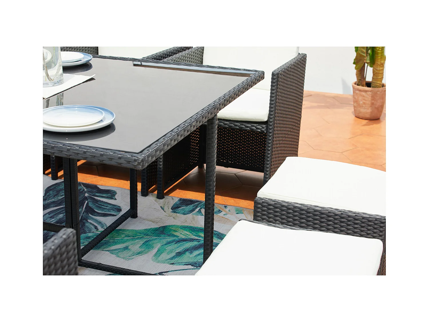 Salotto da giardino a incasso 12 posti resina intrecciata nero/bianco MIAMI