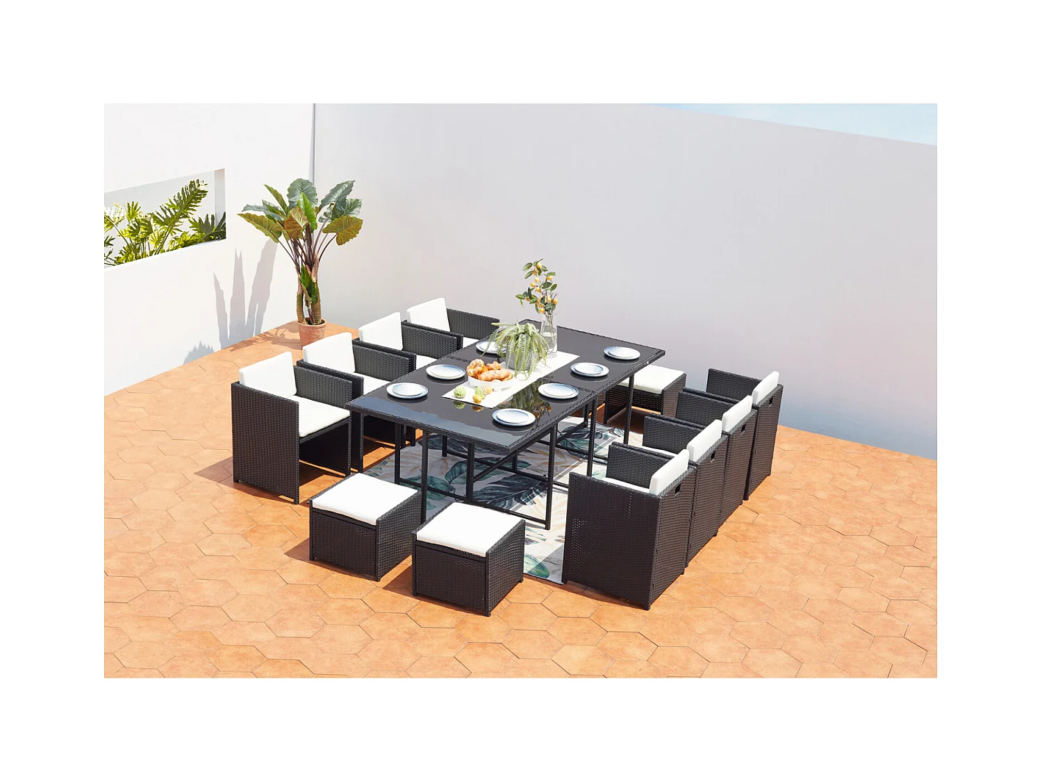 Salotto da giardino a incasso 12 posti resina intrecciata nero/bianco MIAMI