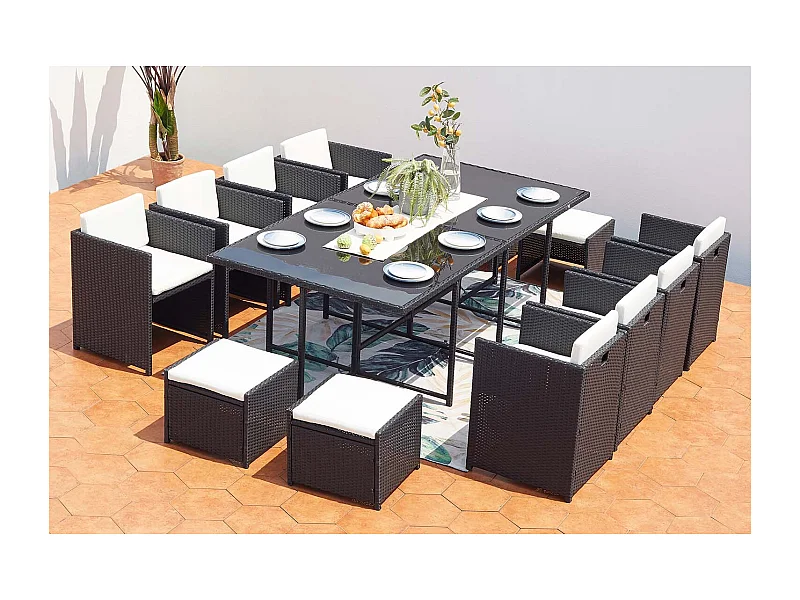 Conjunto de Jardim 12 Lugares em Rattan Preto/Branco - Conjunto de Luxo Empilhável Miami
