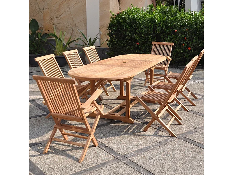 Salon de jardin Teck massif 8 à 10 personnes - Table ovale + 6 chaises + 2 fauteuils KAJANG