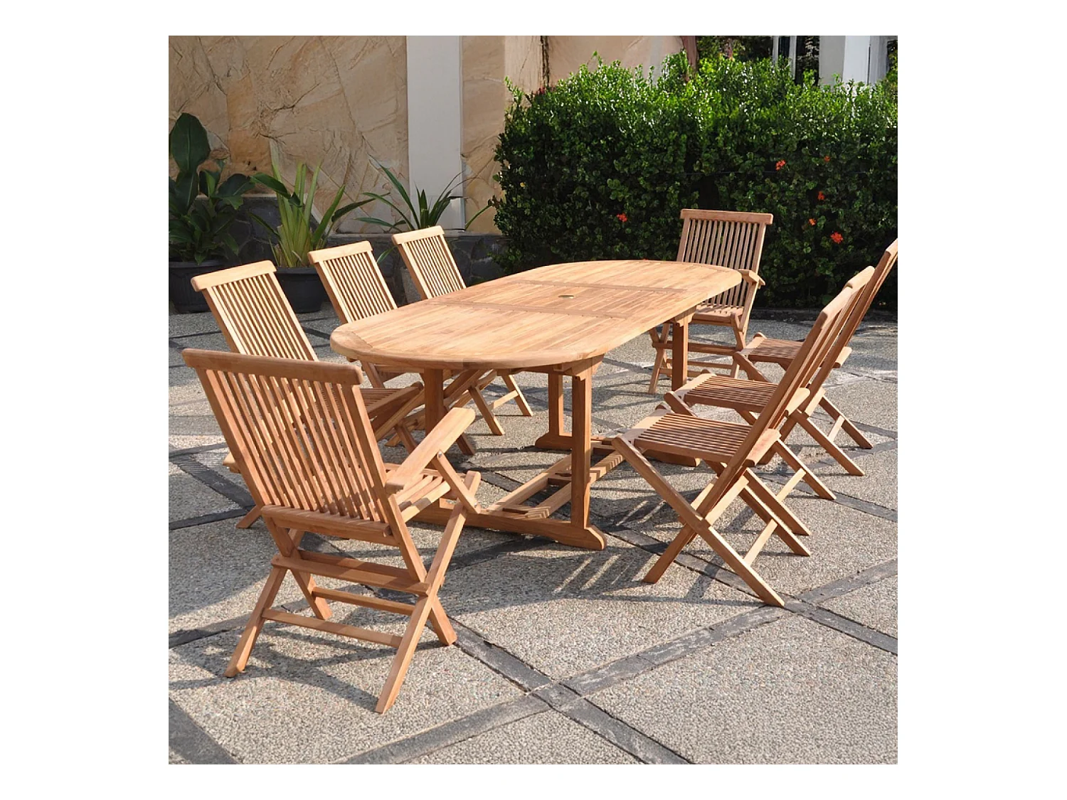 Salon de jardin Teck massif 8 à 10 personnes - Table ovale + 6 chaises + 2 fauteuils KAJANG