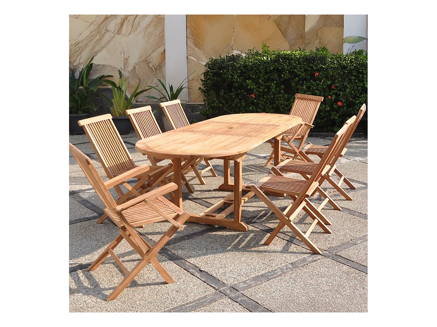 Salon de jardin Teck massif 8 à 10 personnes - Table ovale + 6 chaises + 2 fauteuils KAJANG