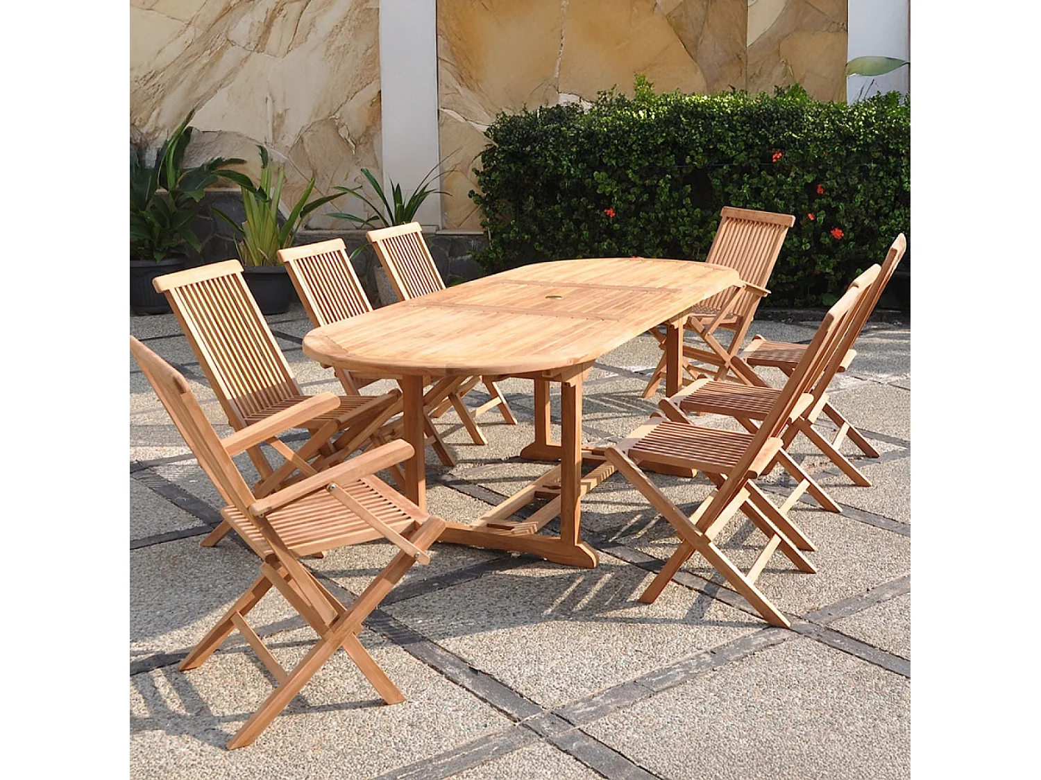 Salon de jardin Teck 10 places Table ovale 6 chaises 2 fauteuils KAJANG