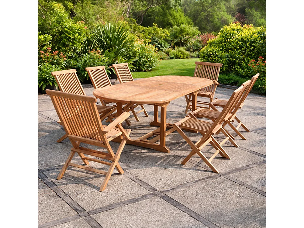 Salon de jardin Teck 10 places Table ovale 6 chaises 2 fauteuils KAJANG