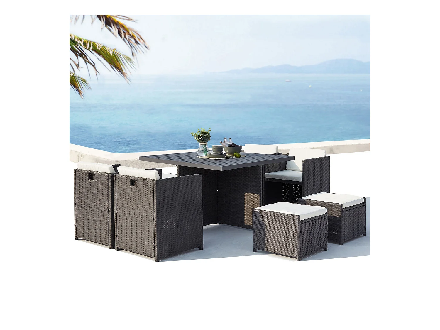 Table et chaise 8 places encastrables alu résine gris-blanc SUNSET