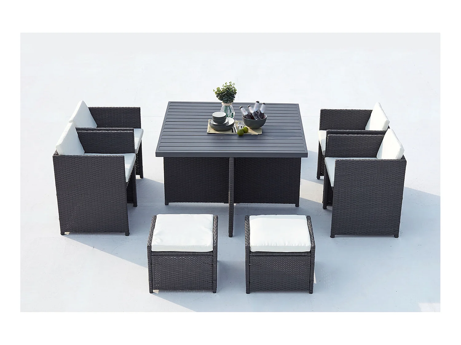 Table et chaise 8 places encastrables alu résine gris-blanc SUNSET