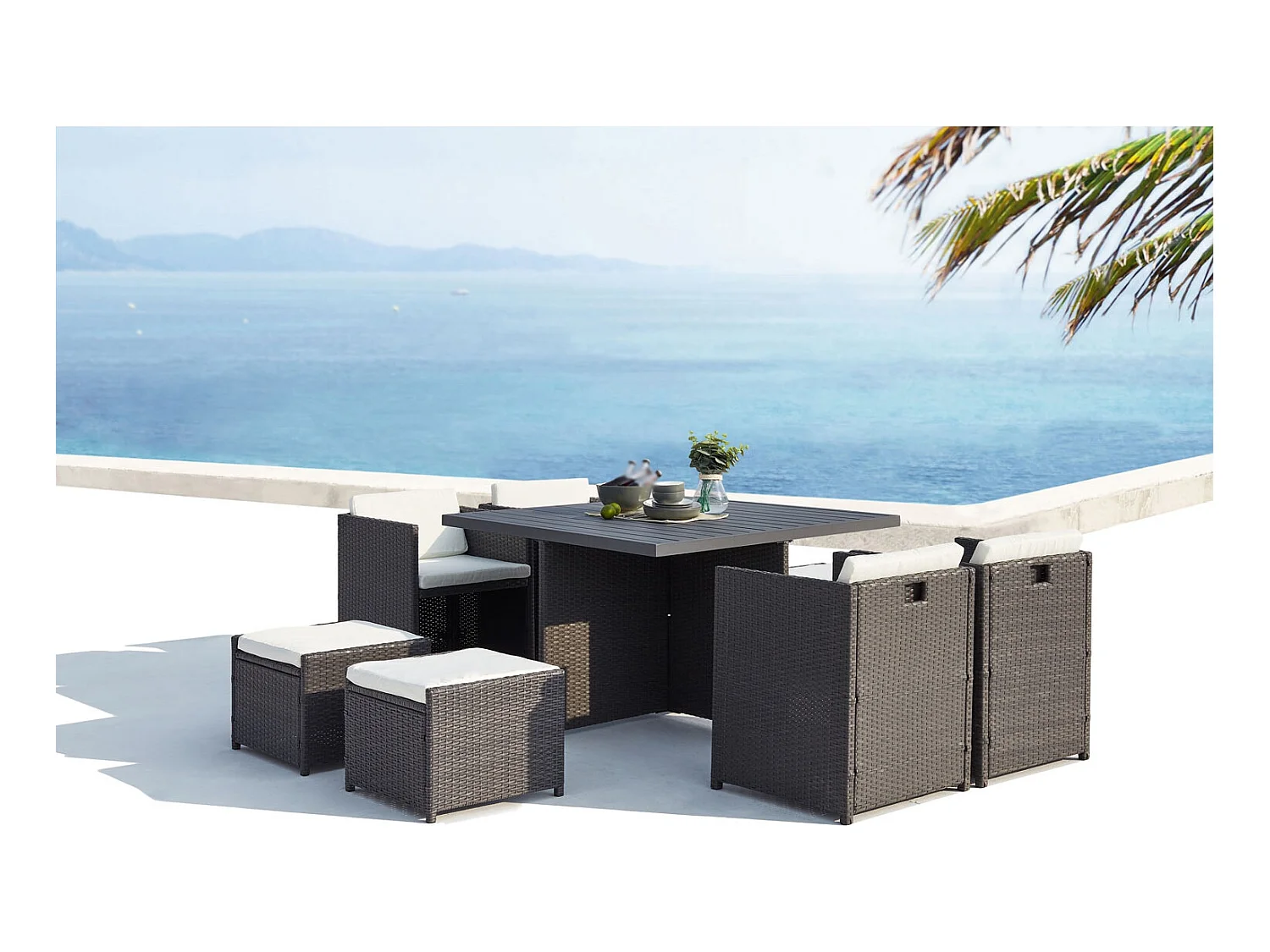 Table et chaise 8 places encastrables alu résine gris-blanc SUNSET