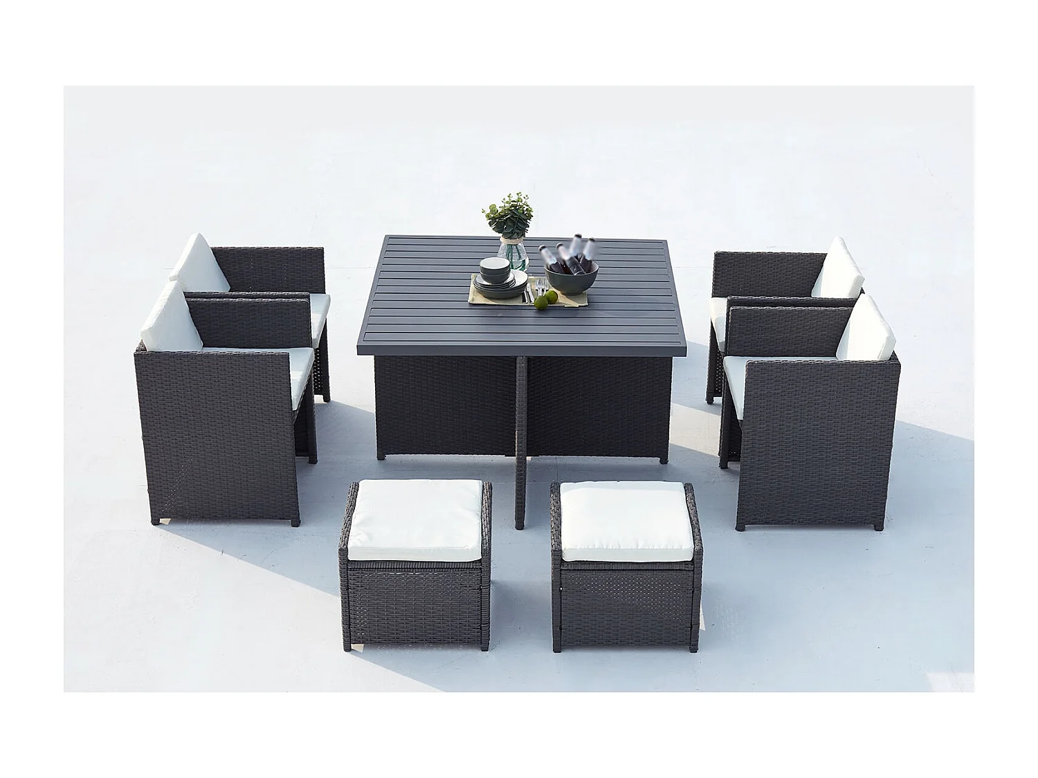 Table et chaise 8 places encastrables alu résine gris-blanc SUNSET