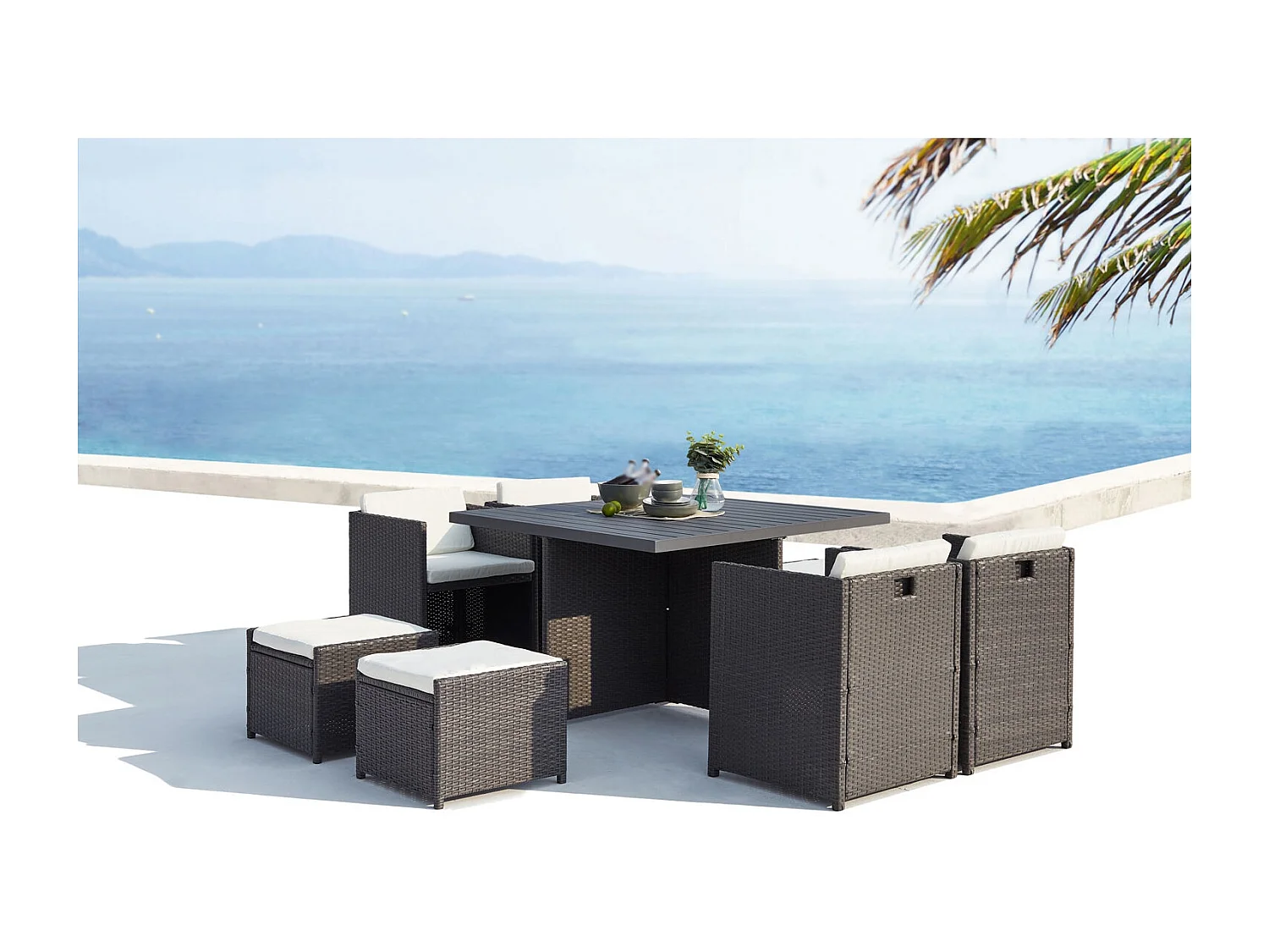 Table et chaise 8 places encastrables alu résine gris-blanc SUNSET