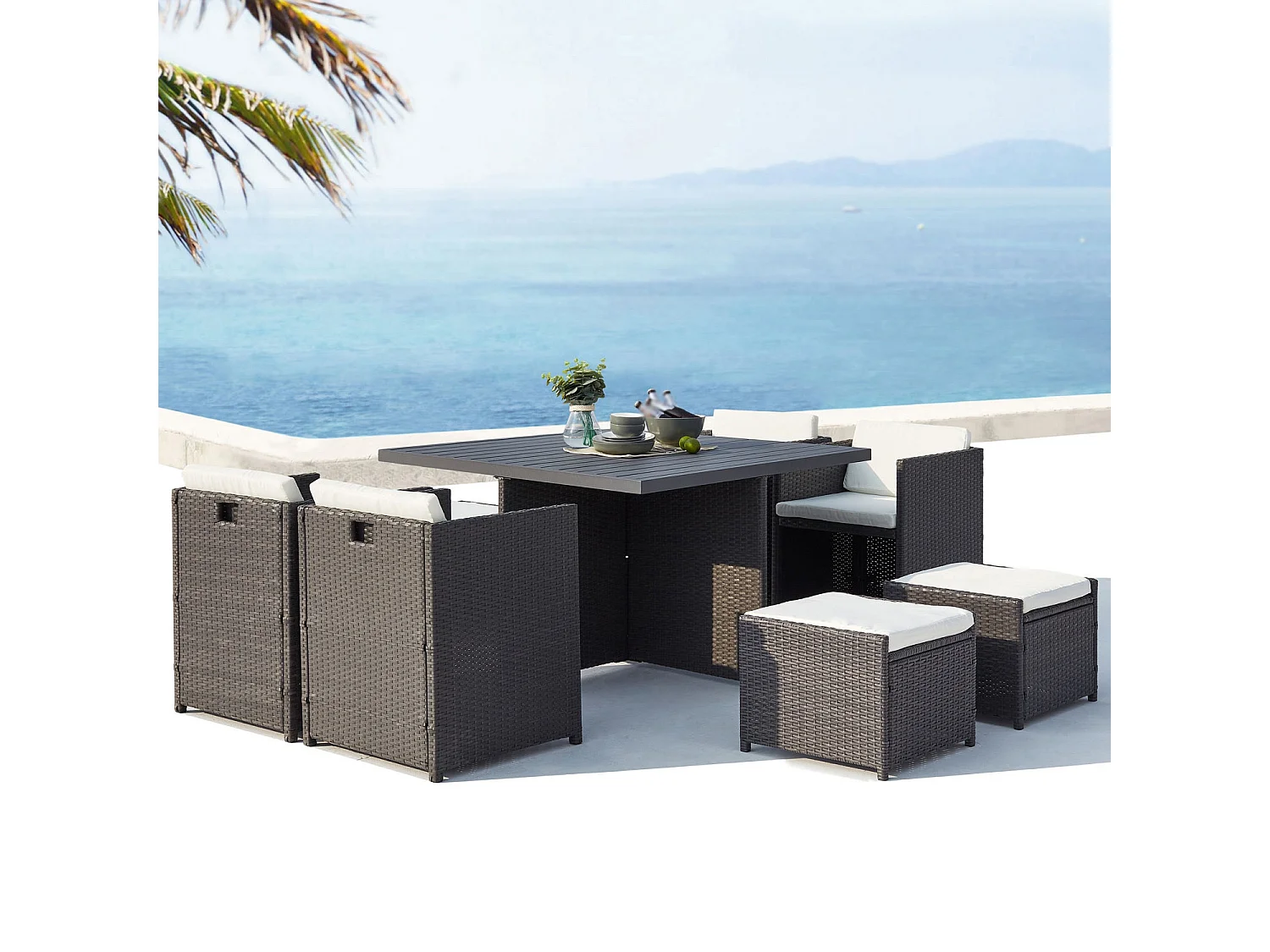 Salotto da giardino a incasso 8 posti resina intrecciata grigio/bianco SUNSET