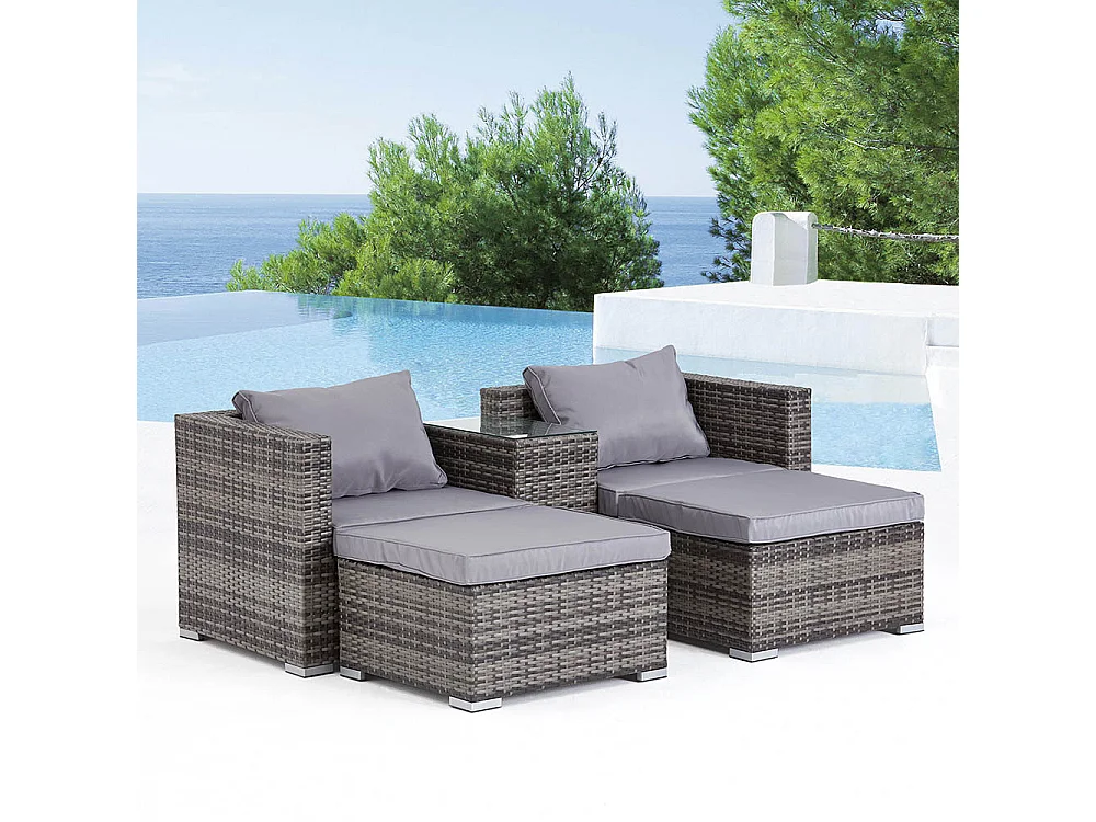 Conjunto de Jardim 4 Lugares em Rattan Sintético Cinza/Preto MOANA - Mesa, 2 Cadeiras, 2 Pufes - Exterior Moderno