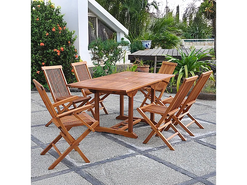 Table rectangulaire 4 chaises et 2 fauteuils en teck huilé LUBOK