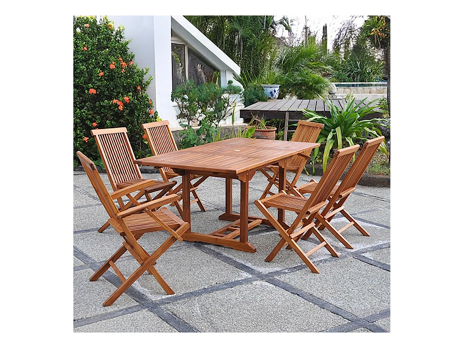 Table rectangulaire 4 chaises et 2 fauteuils en teck huilé LUBOK