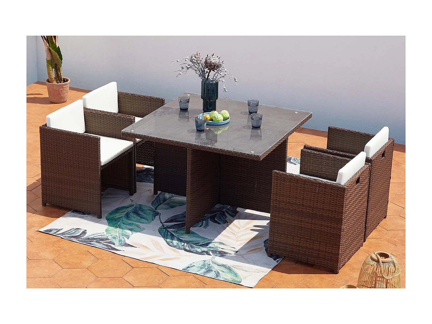 Table et chaises 4 places encastrables résine marron-blanc MIAMI