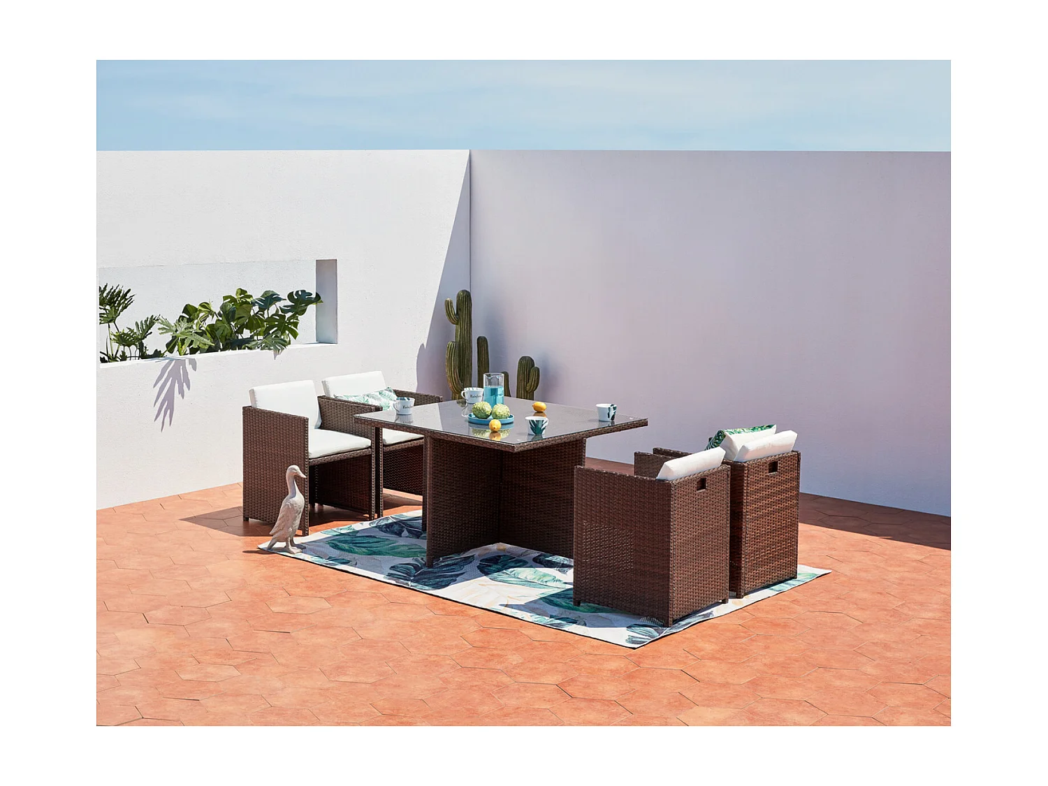 Table et chaises 4 places encastrables résine marron-blanc MIAMI