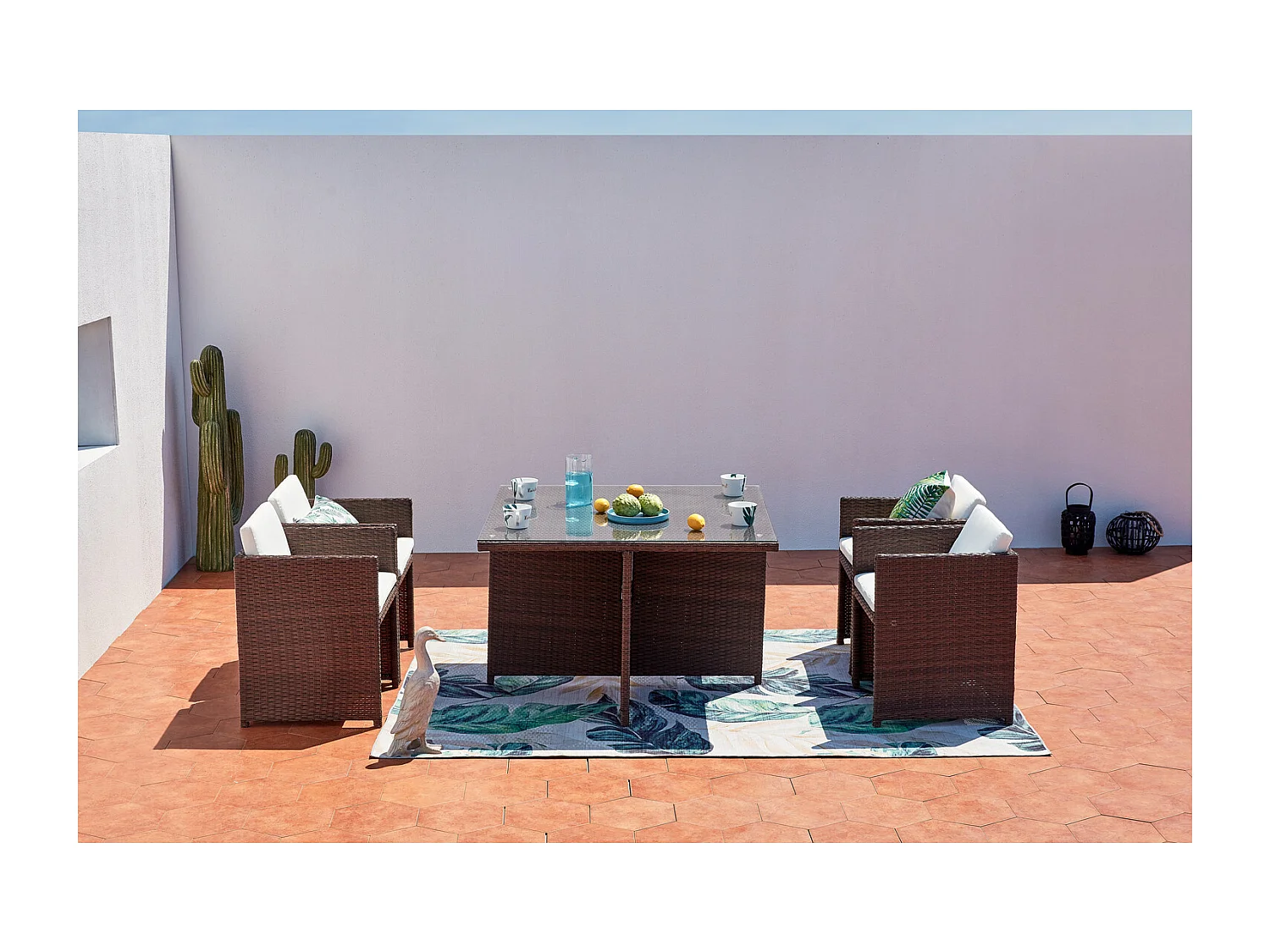 Table et chaises 4 places encastrables résine marron-blanc MIAMI