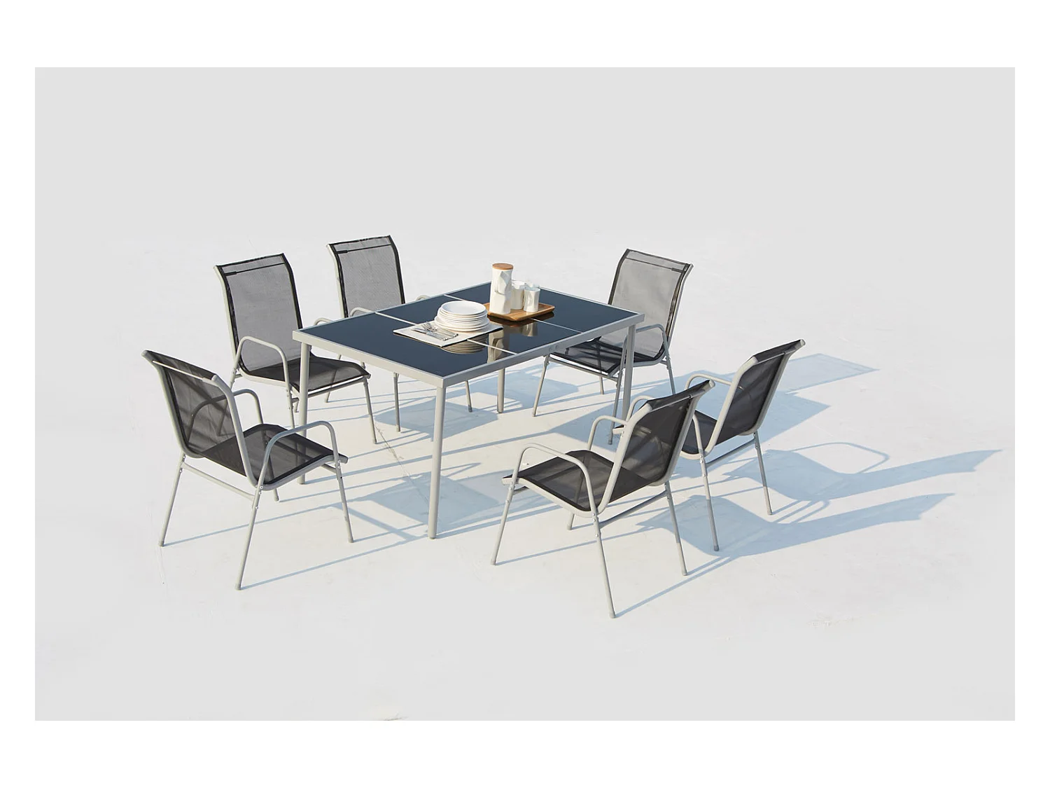 Table de jardin et 6 chaises en acier et toile PVC gris LUSIANA
