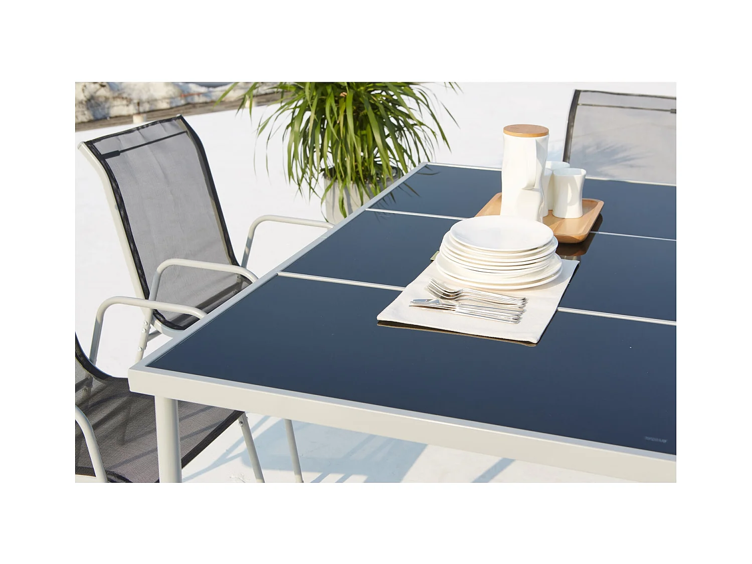 Table de jardin et 6 chaises en acier et toile PVC gris LUSIANA