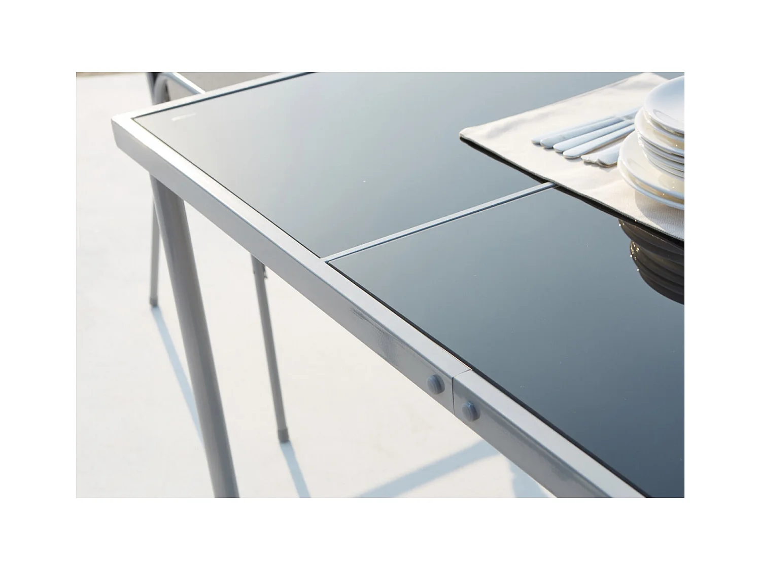 Table de jardin et 6 chaises en acier et toile PVC gris LUSIANA