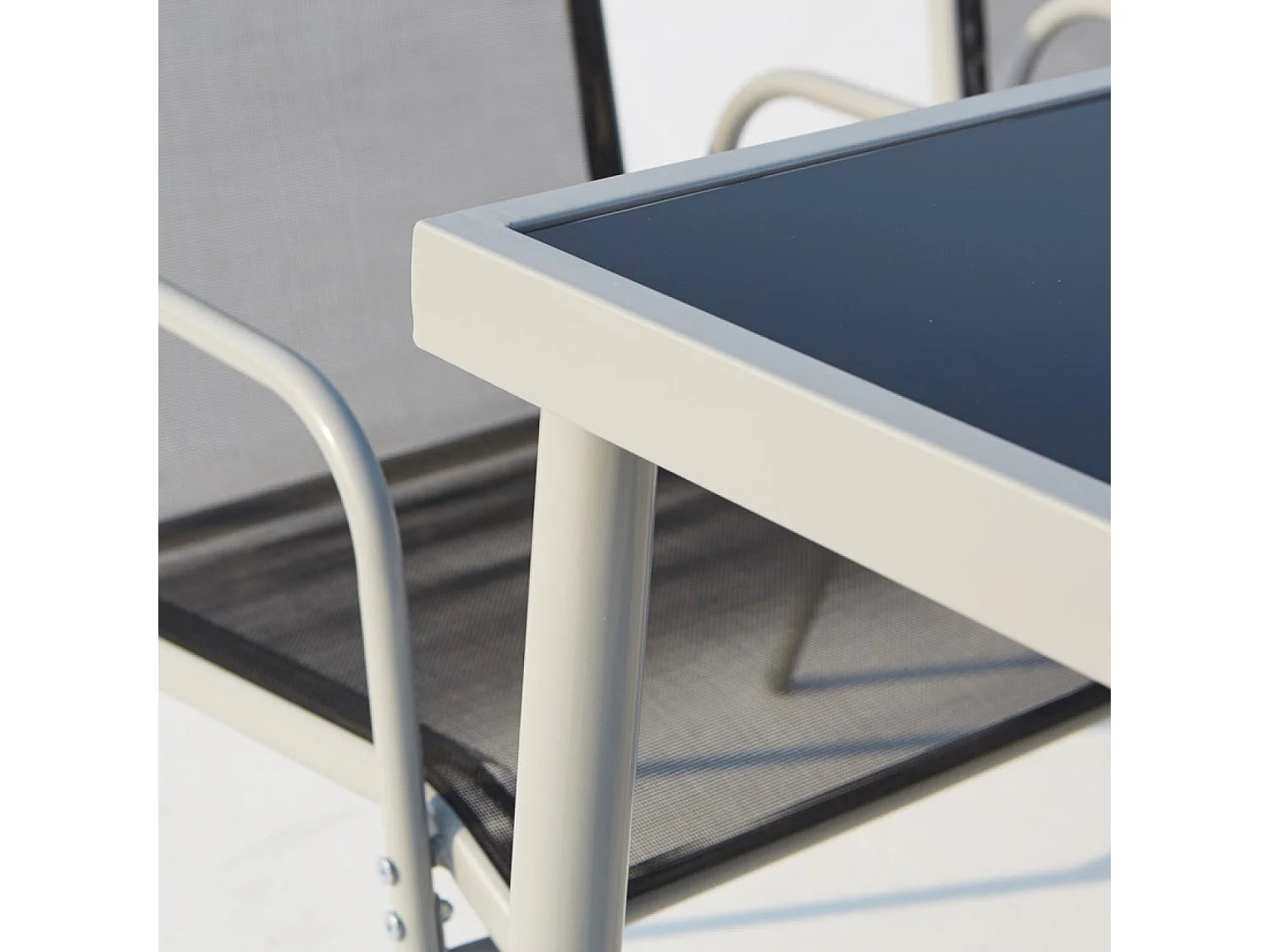 Table de jardin et 6 chaises en acier et toile PVC gris LUSIANA