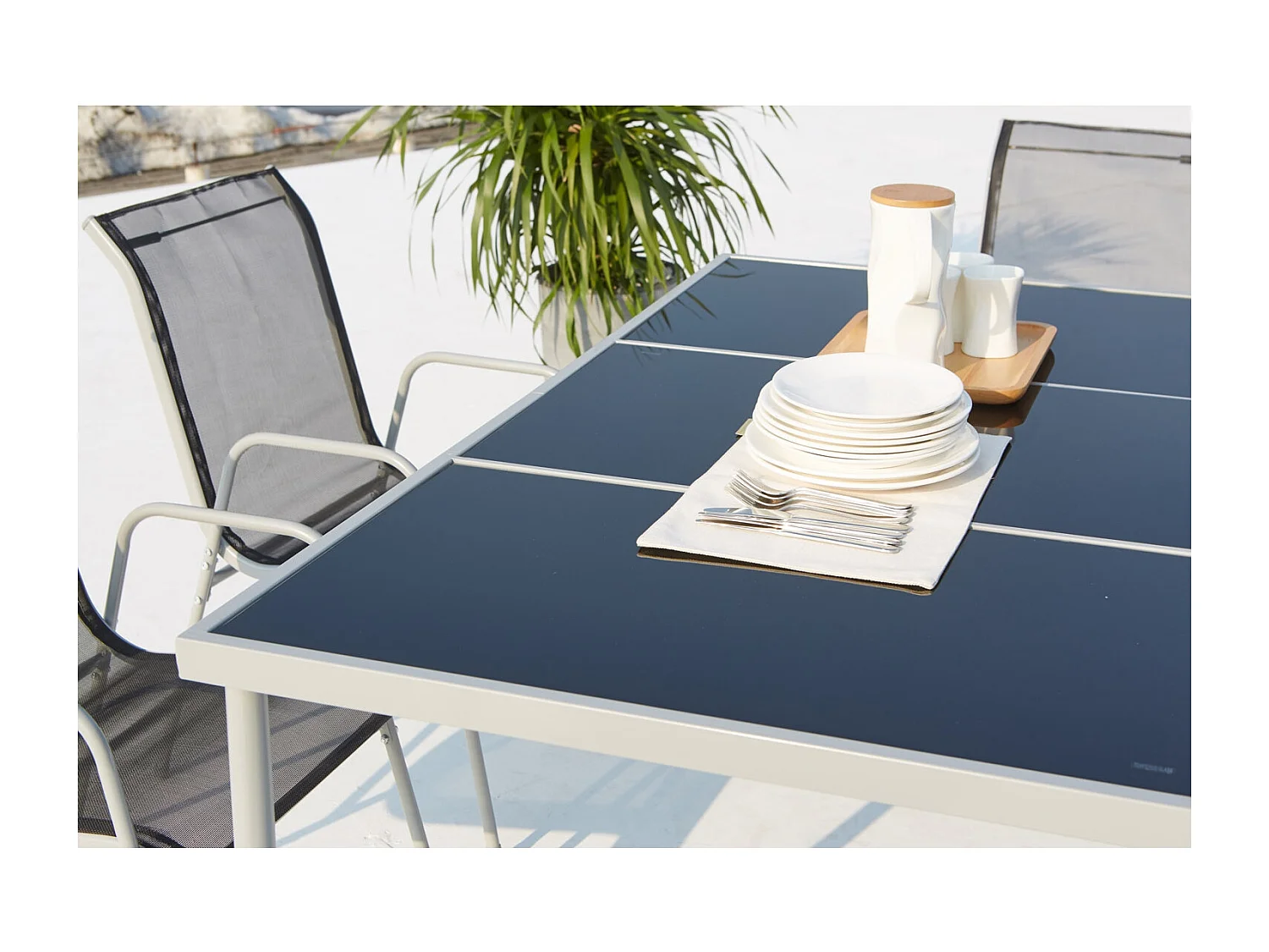Table de jardin et 6 chaises en acier et toile PVC gris LUSIANA