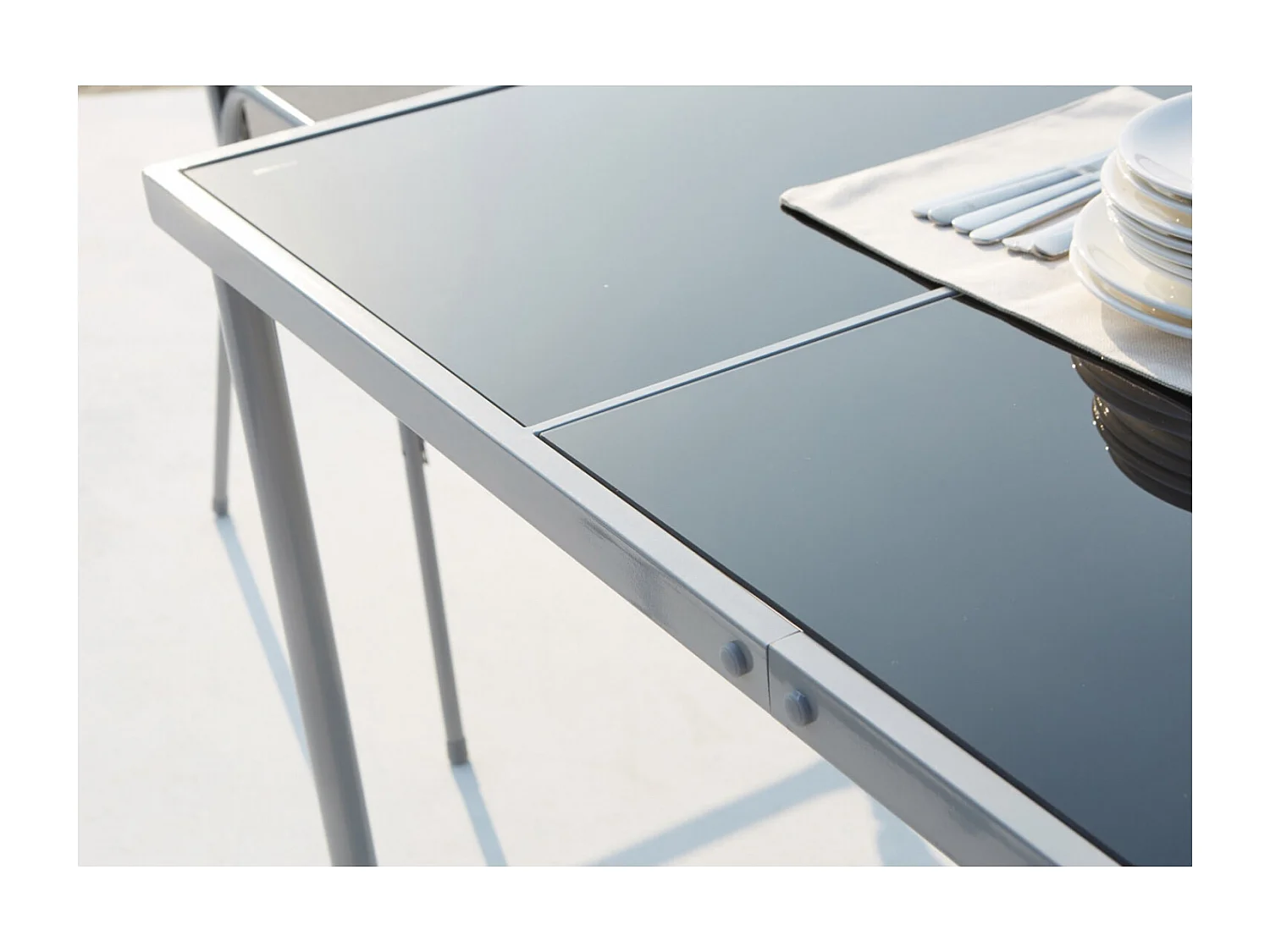 Table de jardin et 6 chaises en acier et toile PVC gris LUSIANA