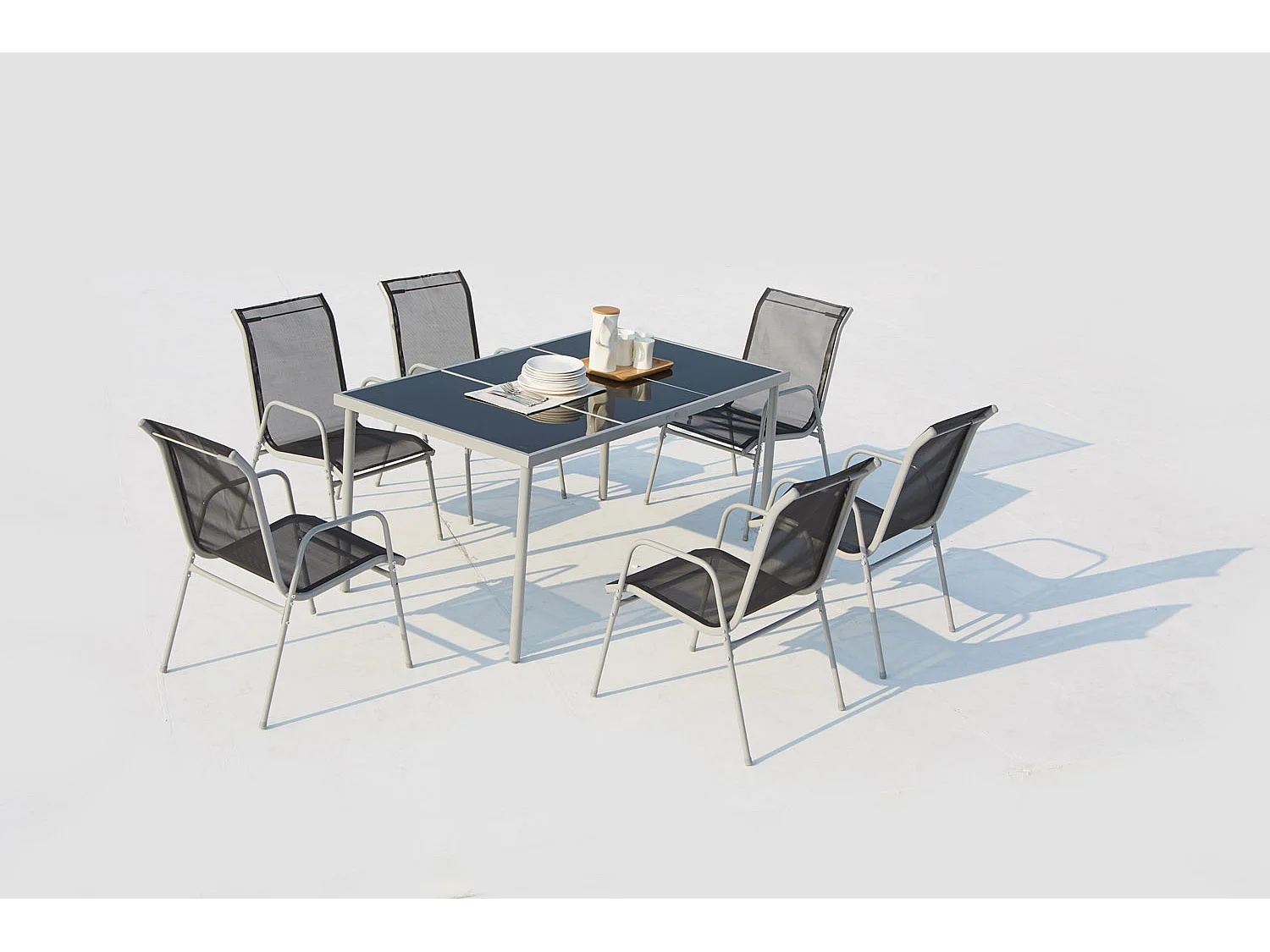 Table de jardin et 6 chaises en acier et toile PVC gris LUSIANA