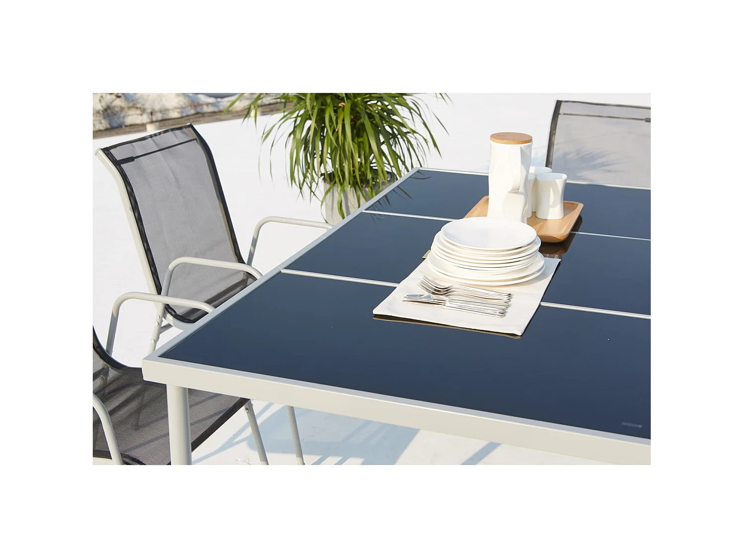 Table de jardin et 6 chaises en acier et toile PVC gris LUSIANA