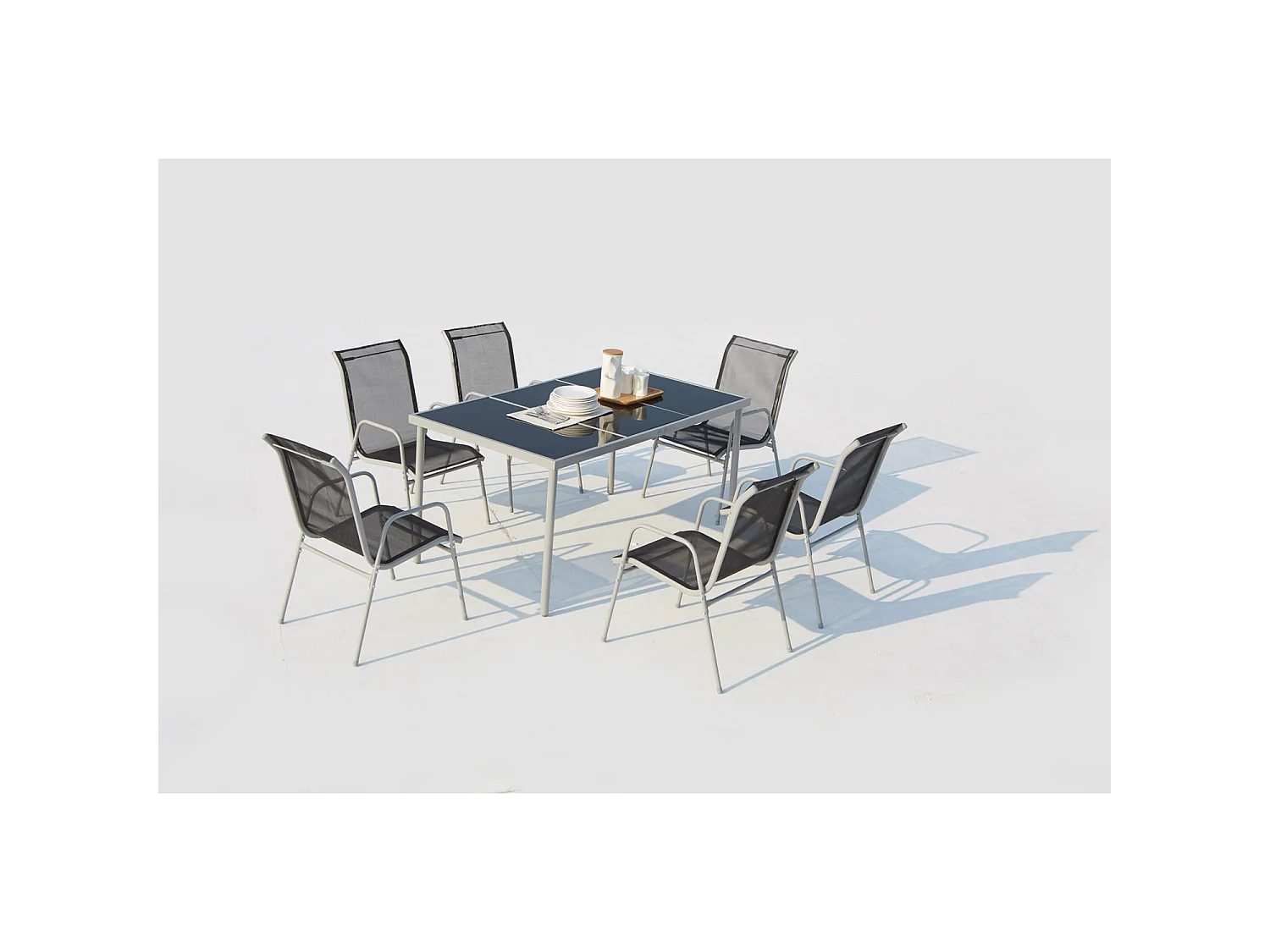 Table de jardin et 6 chaises en acier et toile PVC gris LUSIANA