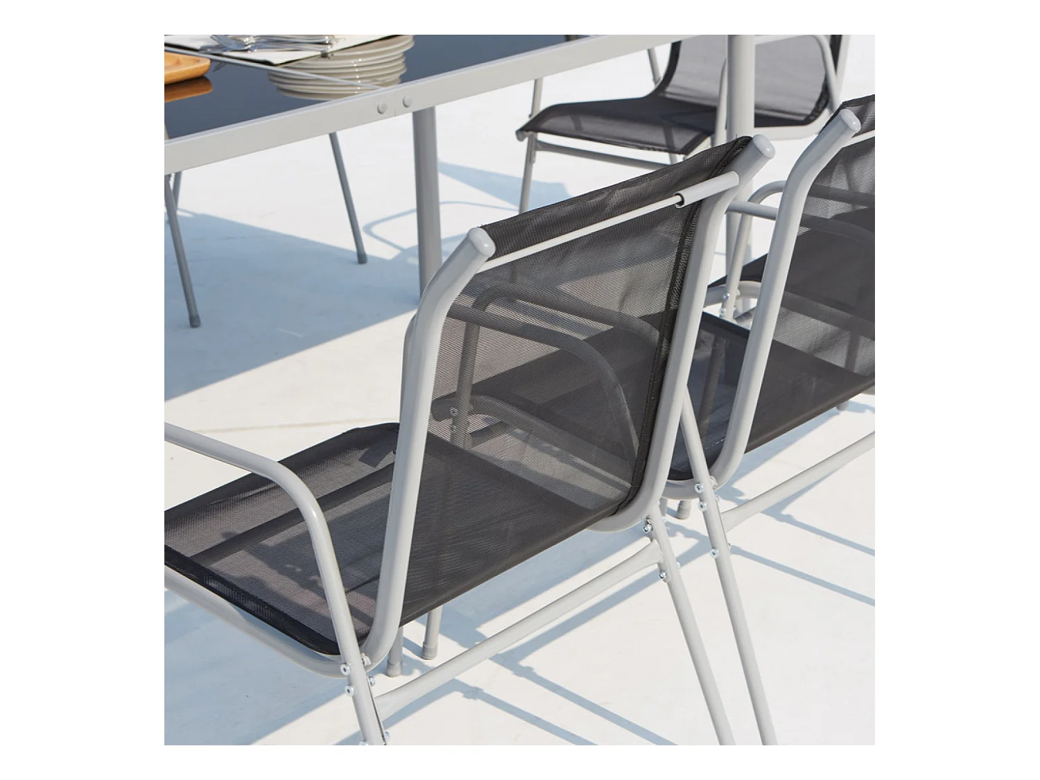 Gartenmöbelset aus Stahl LUSIANA für 8 Personen mit Glastisch und Stühlen mit Armlehnen