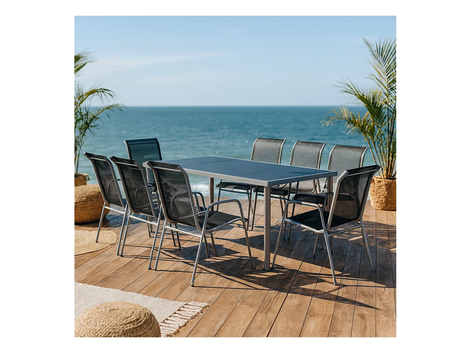 Table de jardin et 8 chaises en acier et toile PVC gris LUSIANA