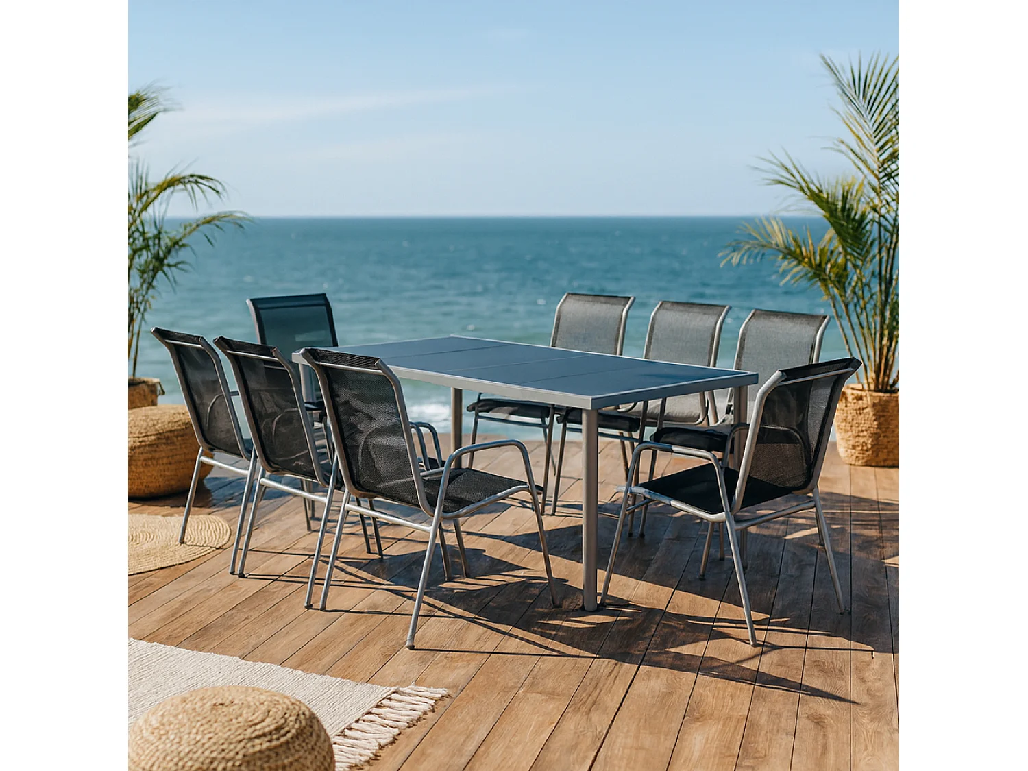 Table de jardin et 8 chaises en acier et toile PVC gris LUSIANA