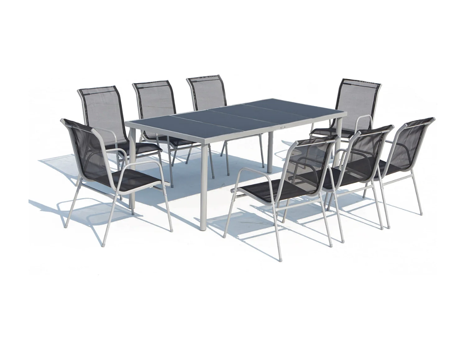 Table de jardin et 8 chaises en acier et toile PVC gris LUSIANA